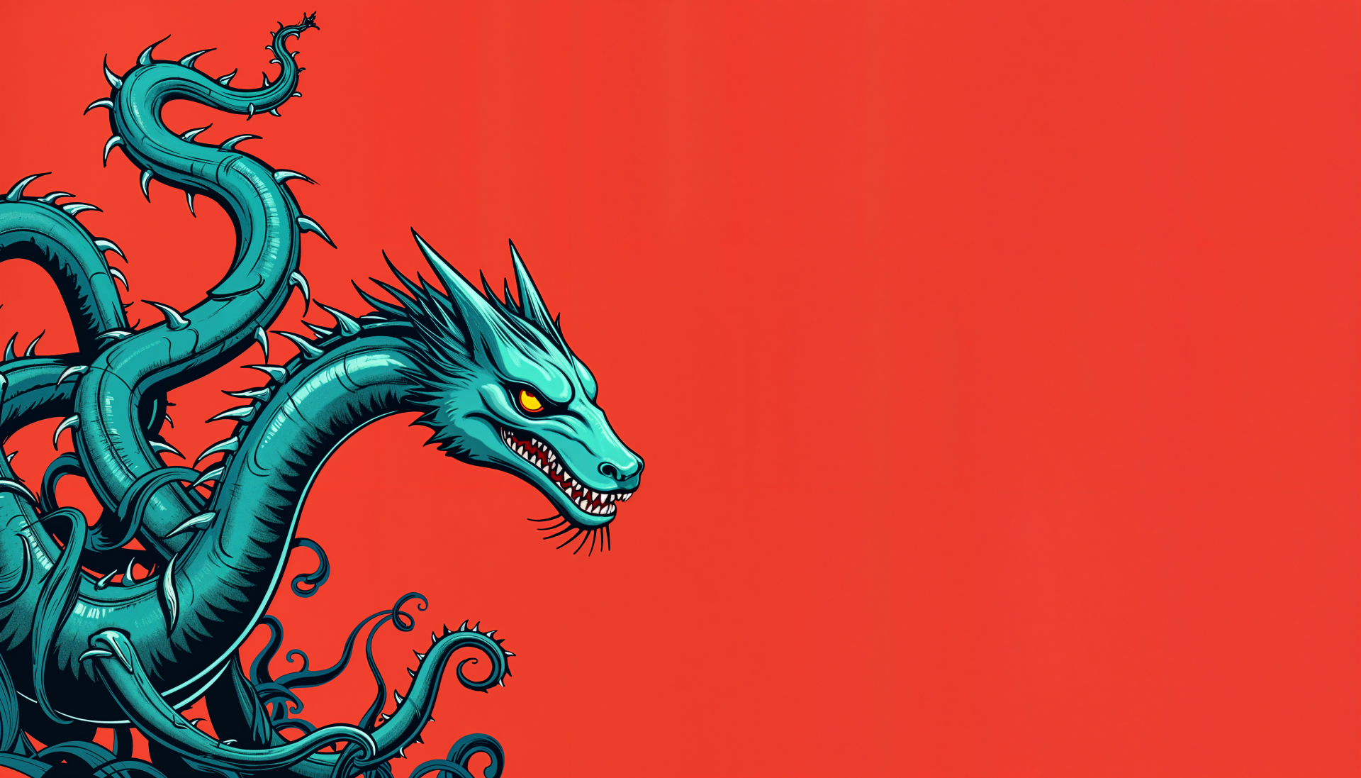 A vibrant 4K Ultra HD desktop wallpaper featuring a hydra with multiple heads, set against a bold red background, showcasing intricate details and striking colors.