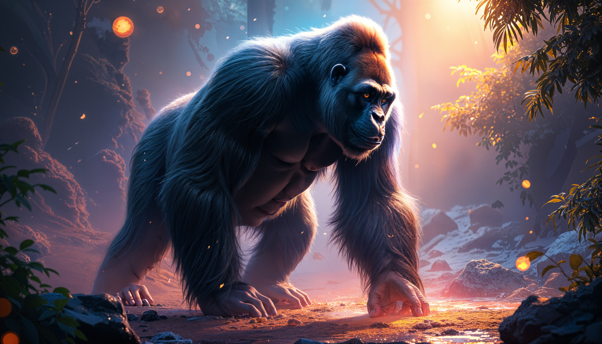 A majestic gorilla stands in a vibrant forest, illuminated by soft light, making for a striking 4K Ultra HD PC desktop wallpaper and background.