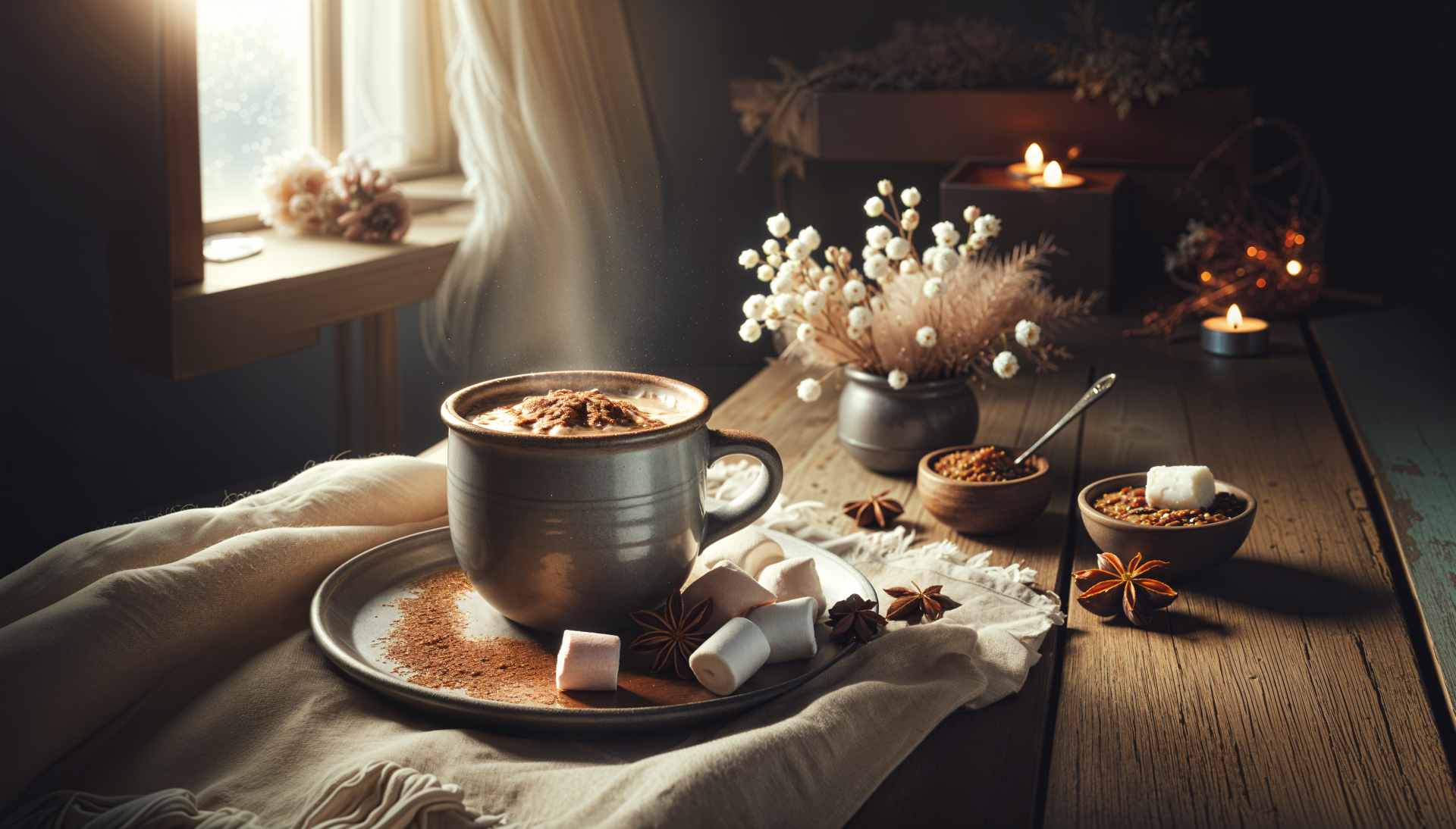 A cozy setting featuring a steaming cup of hot chocolate surrounded by marshmallows, spices, and decorative flowers, illuminated by soft natural light. 4K Ultra HD desktop wallpaper.