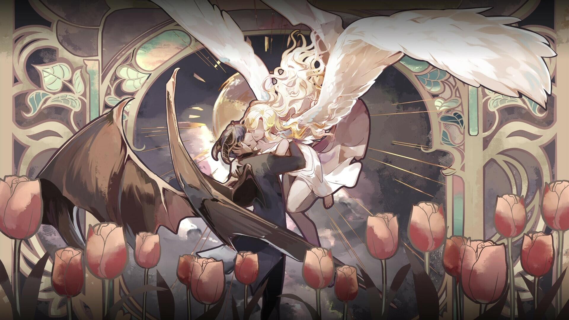 A captivating HD wallpaper from the video game Celestia: Chain of Fate, featuring a dramatic scene with a character embraced by an angelic figure amidst a field of tulips.