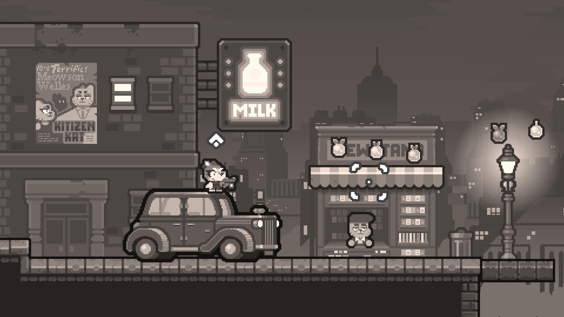 HD wallpaper featuring a scene from the video game Grapple Dogs: Cosmic Canines, showcasing a lively urban environment with a vintage car and charming characters.