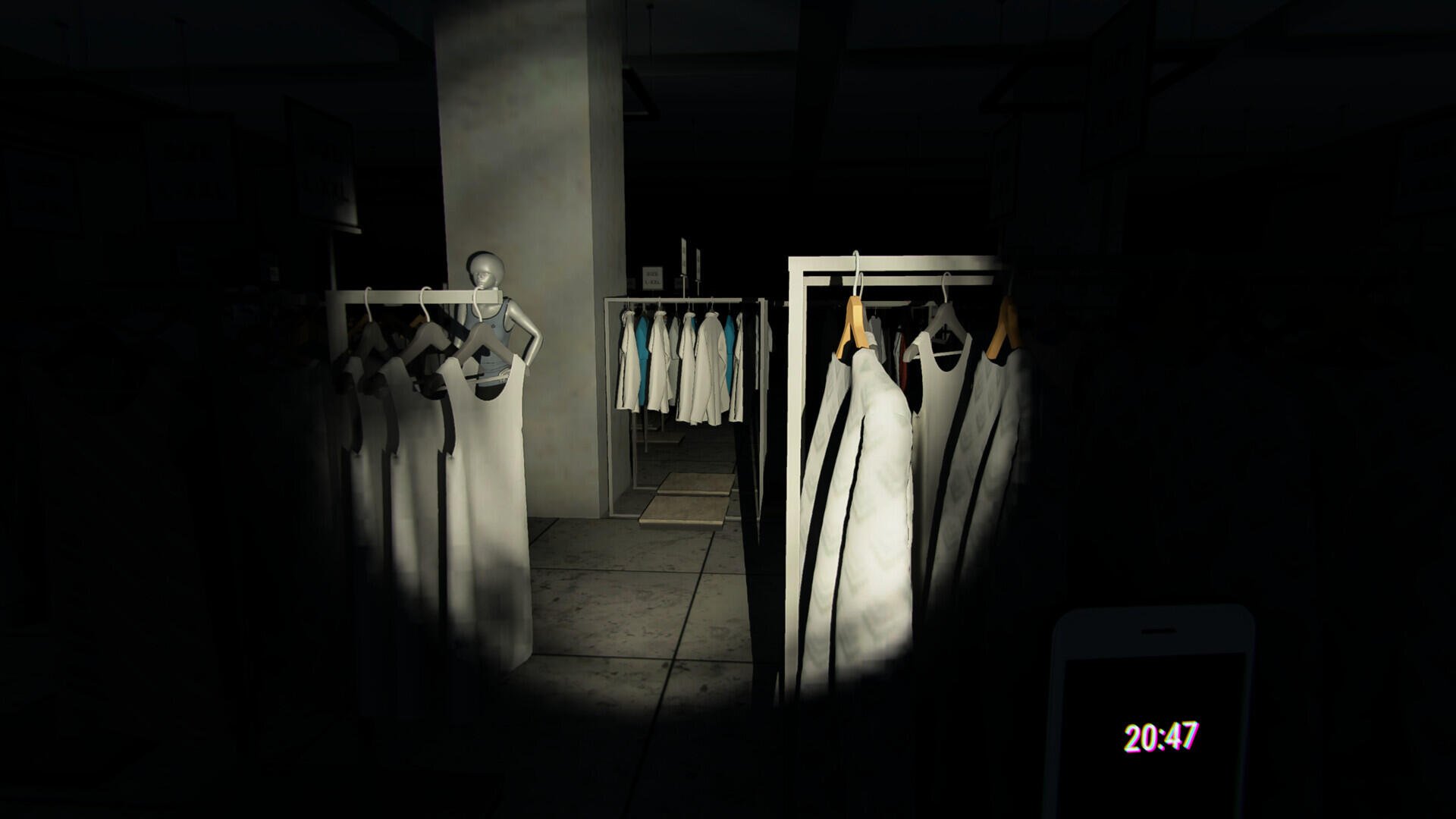 A dark scene from the video game Mannequin (2024), featuring a clothing rack and a mannequin illuminated by a flashlight, creating an eerie atmosphere as time is displayed on the screen.