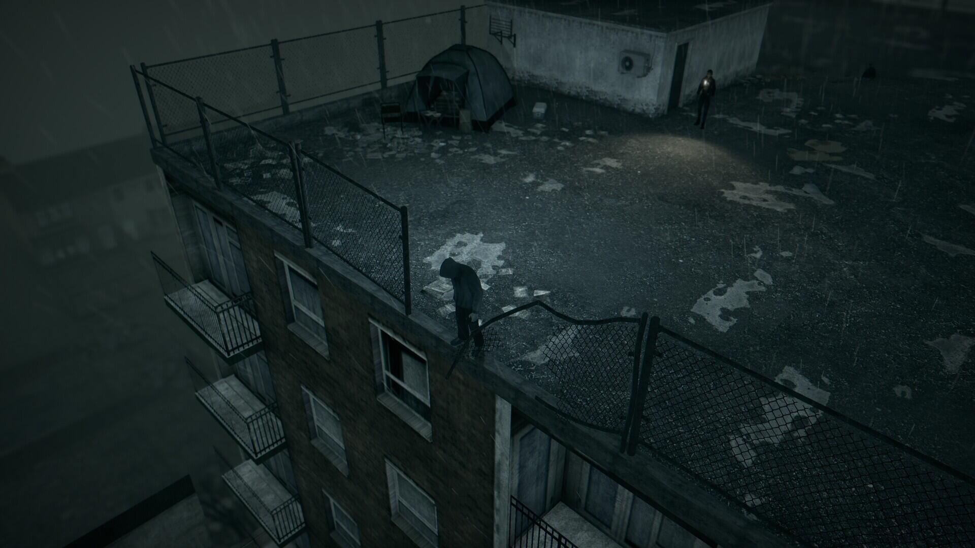 A dark, atmospheric HD PC desktop wallpaper depicting a rooftop scene from the video game Hollowbody, featuring empty space and a lone figure under dim lighting.