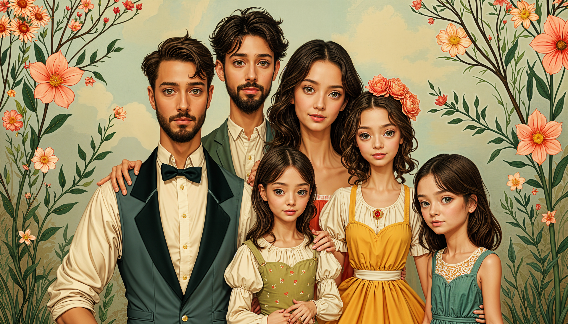A beautifully illustrated family portrait featuring six members surrounded by floral accents, showcased as a 4K Ultra HD PC desktop wallpaper.