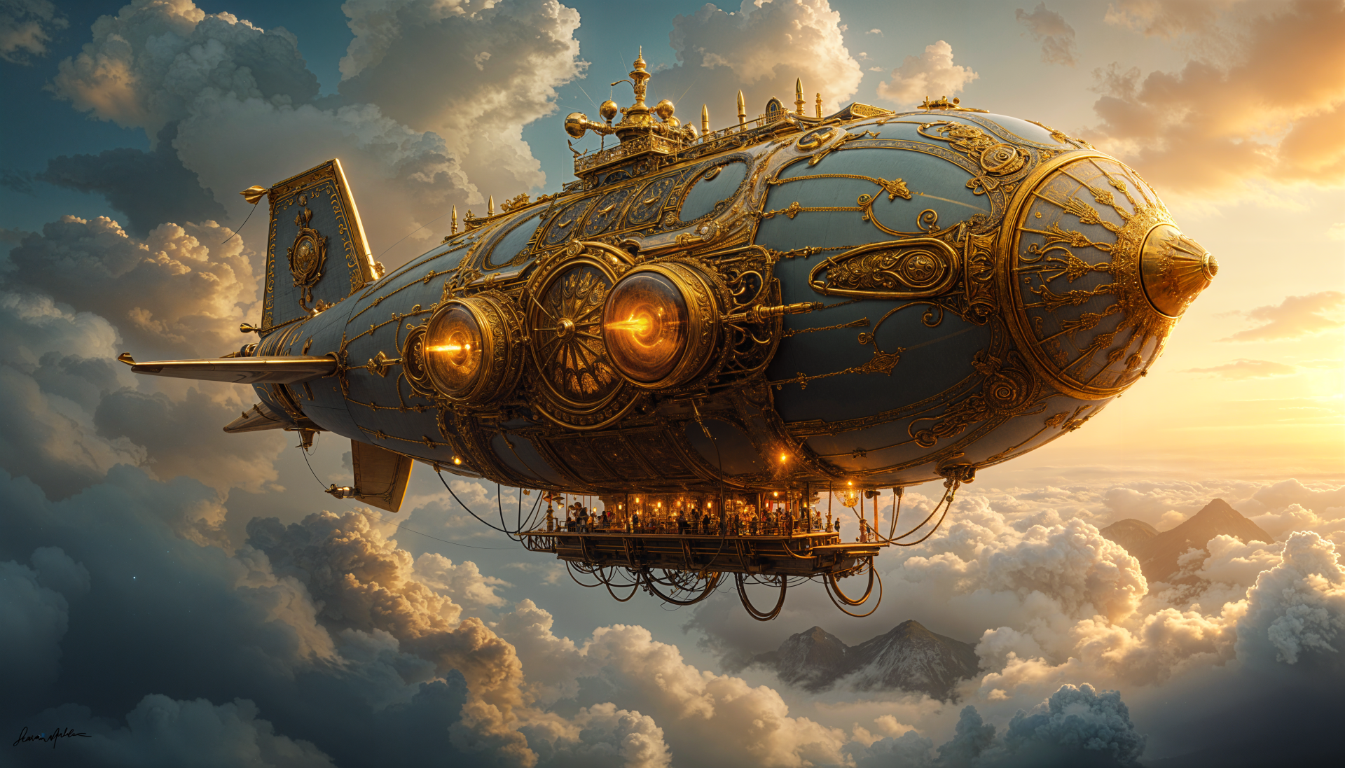 A majestic steampunk airship glides through clouds at sunset, showcasing intricate designs and glowing elements, presented in vibrant 4K Ultra HD quality for a stunning desktop wallpaper.