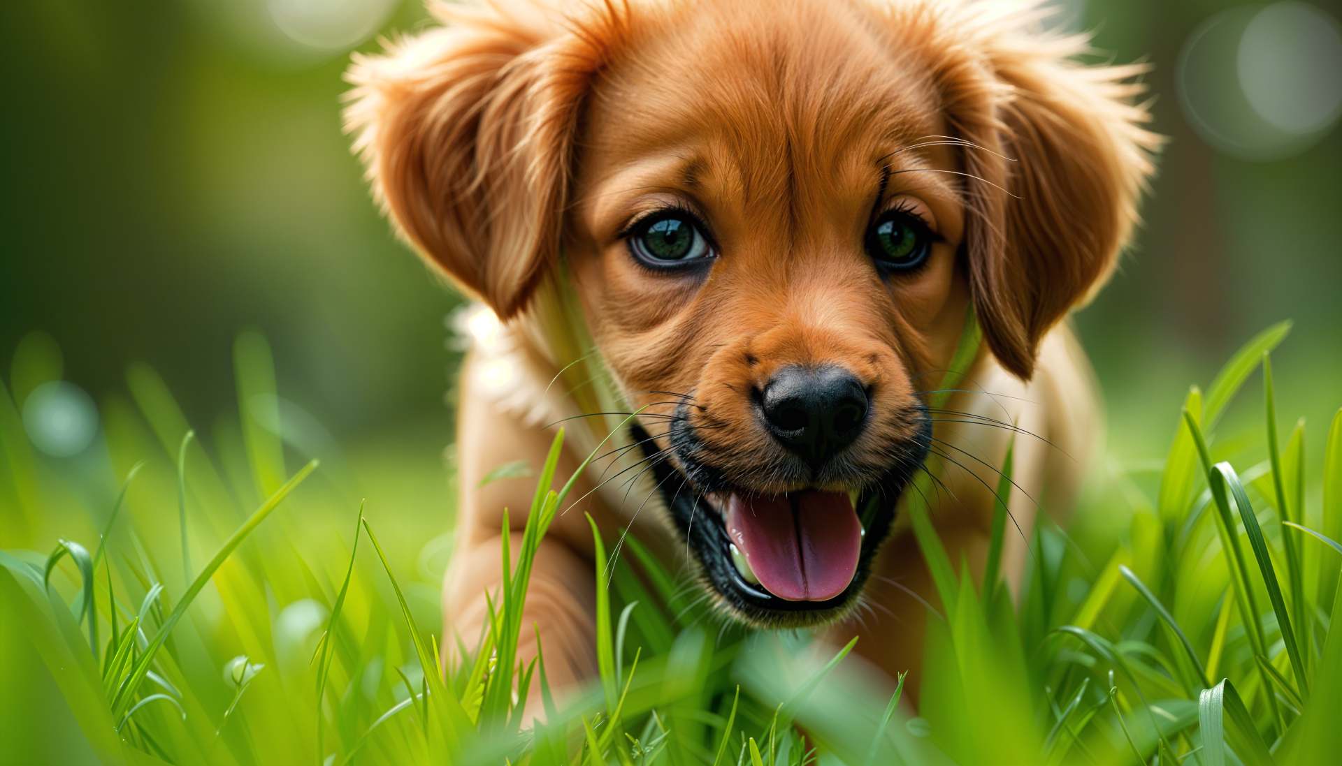 A playful puppy with golden fur is smiling and exploring lush green grass, captured in stunning 4K Ultra HD, making a vibrant desktop wallpaper.