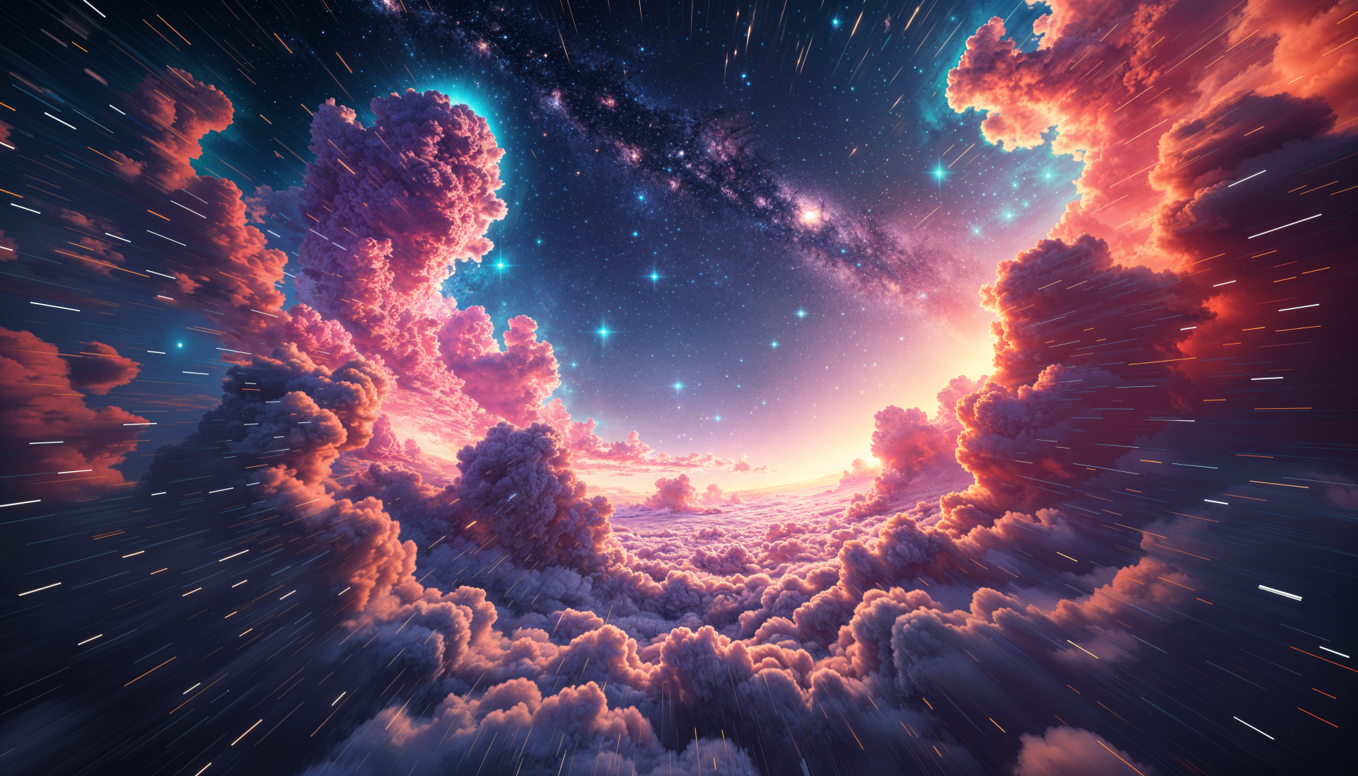 A breathtaking 4K Ultra HD image of vibrant clouds illuminated by a stunning sunset, with a starry galaxy swirling above, creating a dreamlike atmosphere.