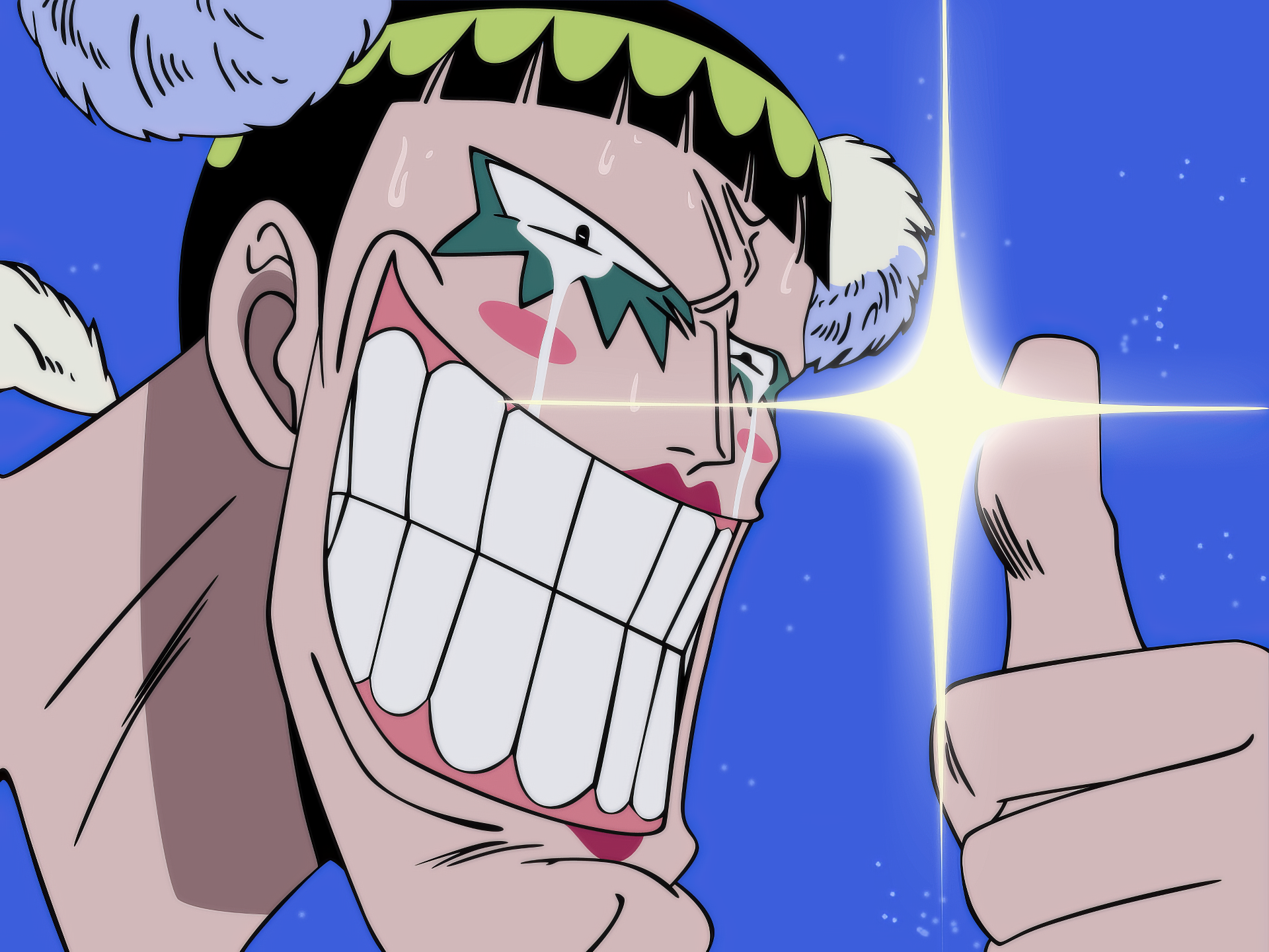 High-definition wallpaper featuring Bentham from One Piece, showcasing his signature grin and colorful face paint against a bright blue background.