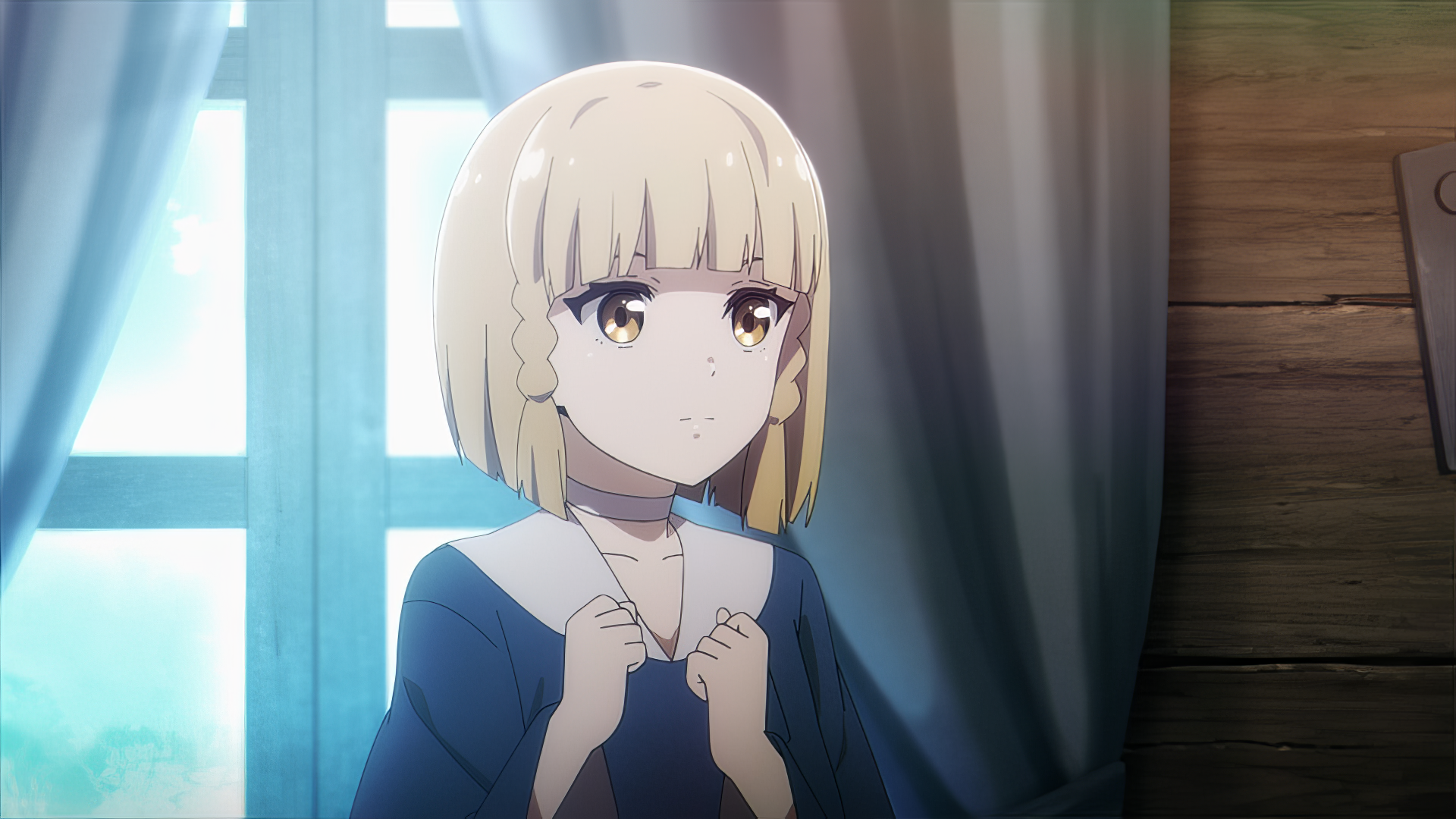 A young girl with blonde hair, dressed in a blue outfit, stands thoughtfully by a window, capturing a moment from the anime The Unwanted Undead Adventurer. HD PC wallpaper.