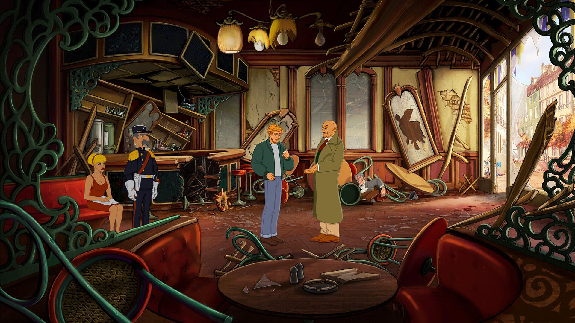 An engaging HD wallpaper from Broken Sword - Shadow of the Templars: Reforged, depicting characters in a damaged, atmospheric interior filled with antique furniture and intriguing details.