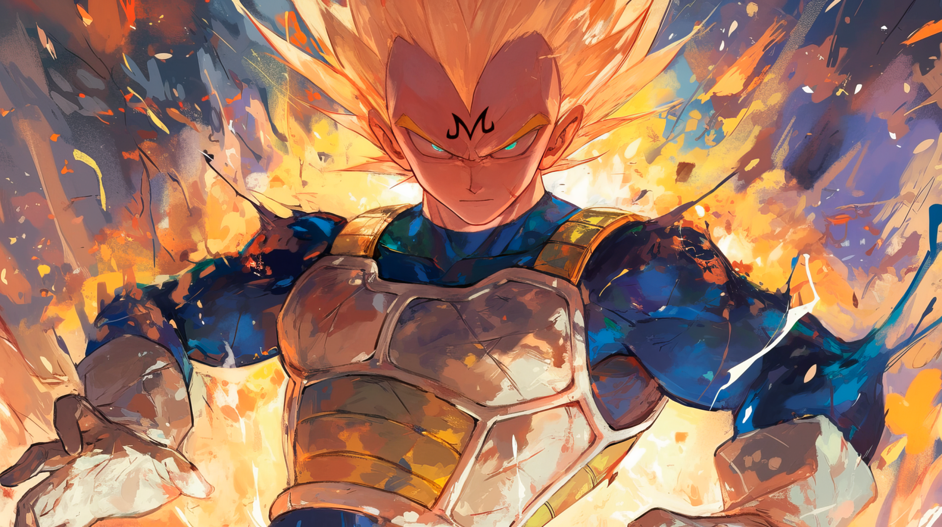 HD anime wallpaper of Majin Vegeta from Dragon Ball Z in Super Saiyan 2 form, surrounded by fiery energy and intense battle aura.