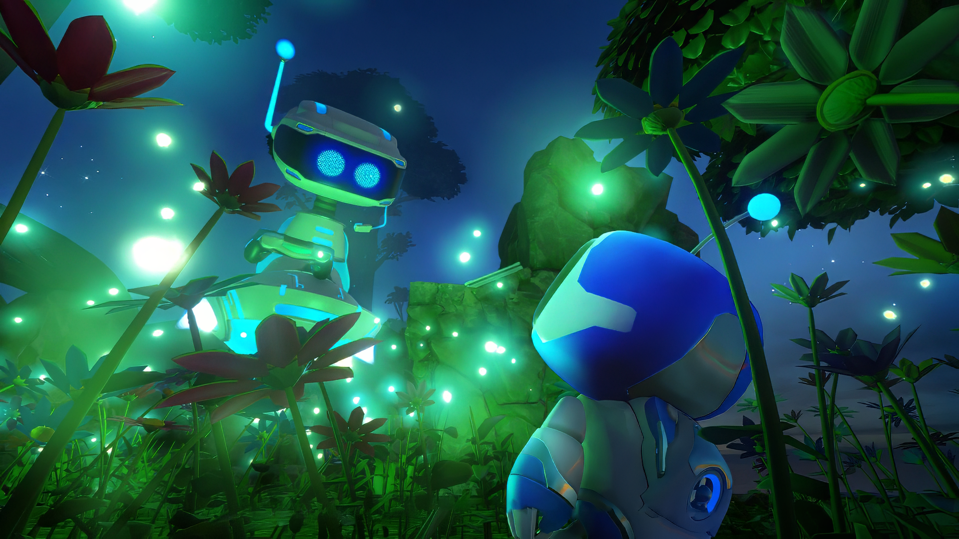 A vibrant HD wallpaper from Astro Bot Rescue Mission, featuring colorful robots amidst glowing flora in a whimsical, otherworldly environment.