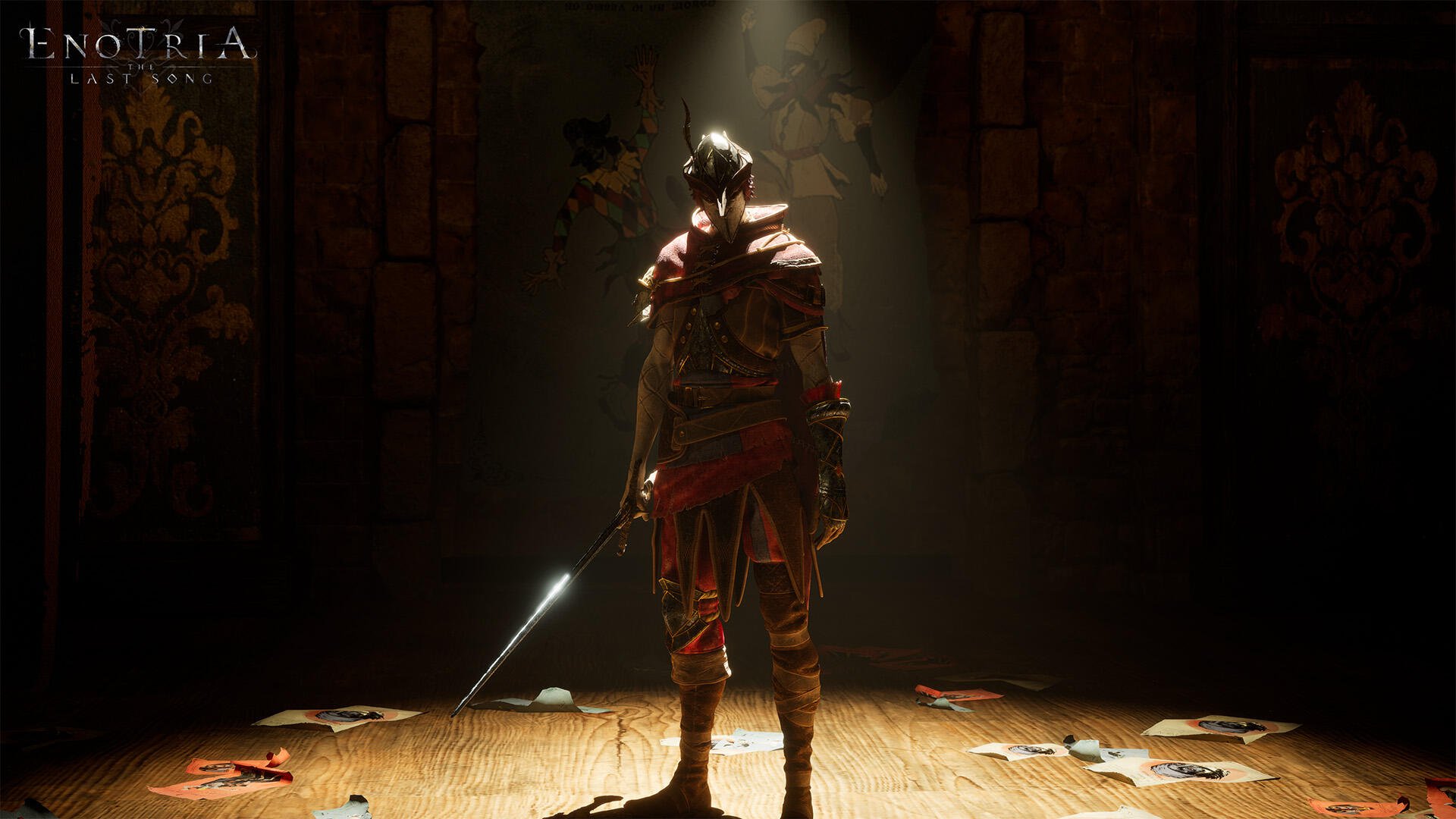 A dramatic HD wallpaper from the video game Enotria: The Last Song, featuring a lone warrior illuminated by a spotlight in a mysterious setting.