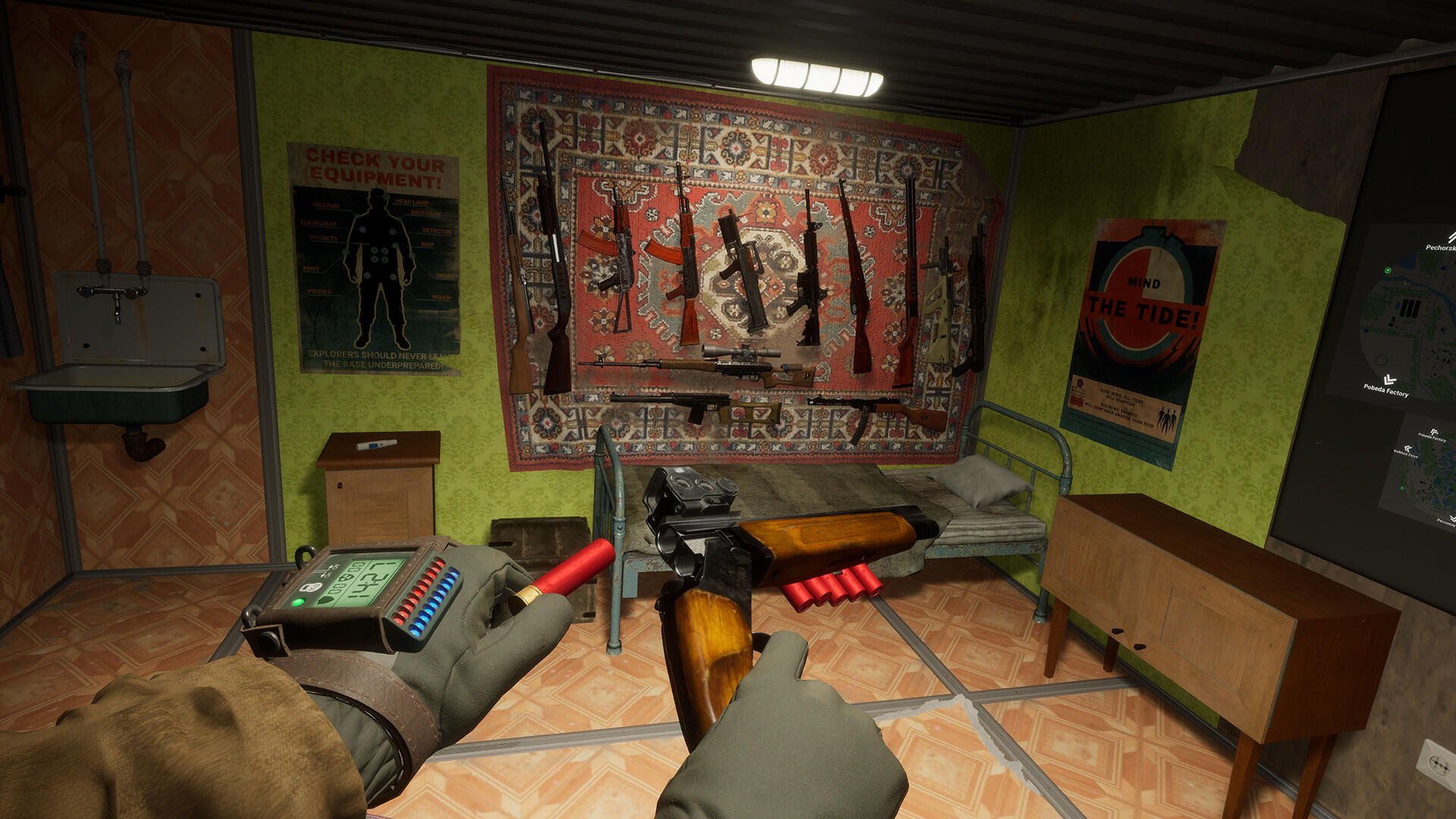 HD PC desktop wallpaper from the video game Into the Radius VR, showing a first-person view of hands holding weapons in a dimly lit room with rifles displayed on the wall.