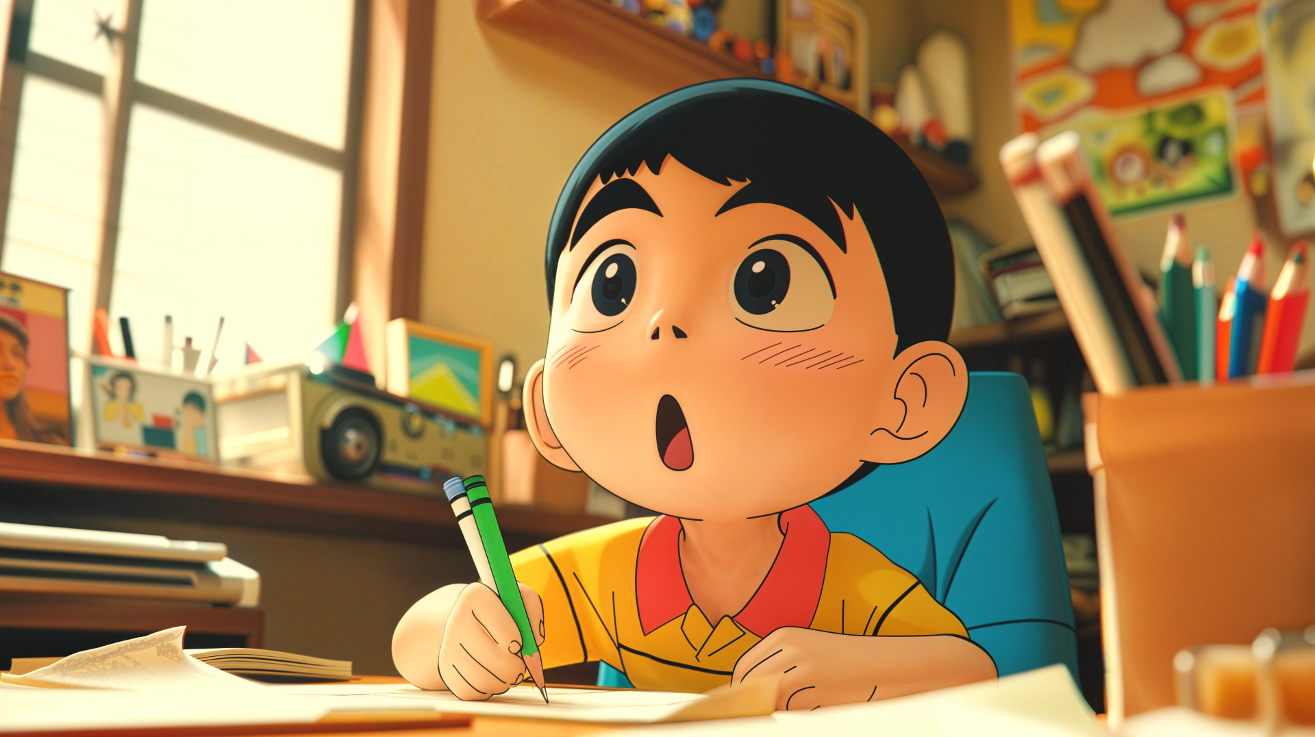 A vibrant 4K Ultra HD image featuring Crayon Shin-chan, a young boy with a surprised expression, sitting at a desk with a pencil, surrounded by art supplies and a cozy setting.