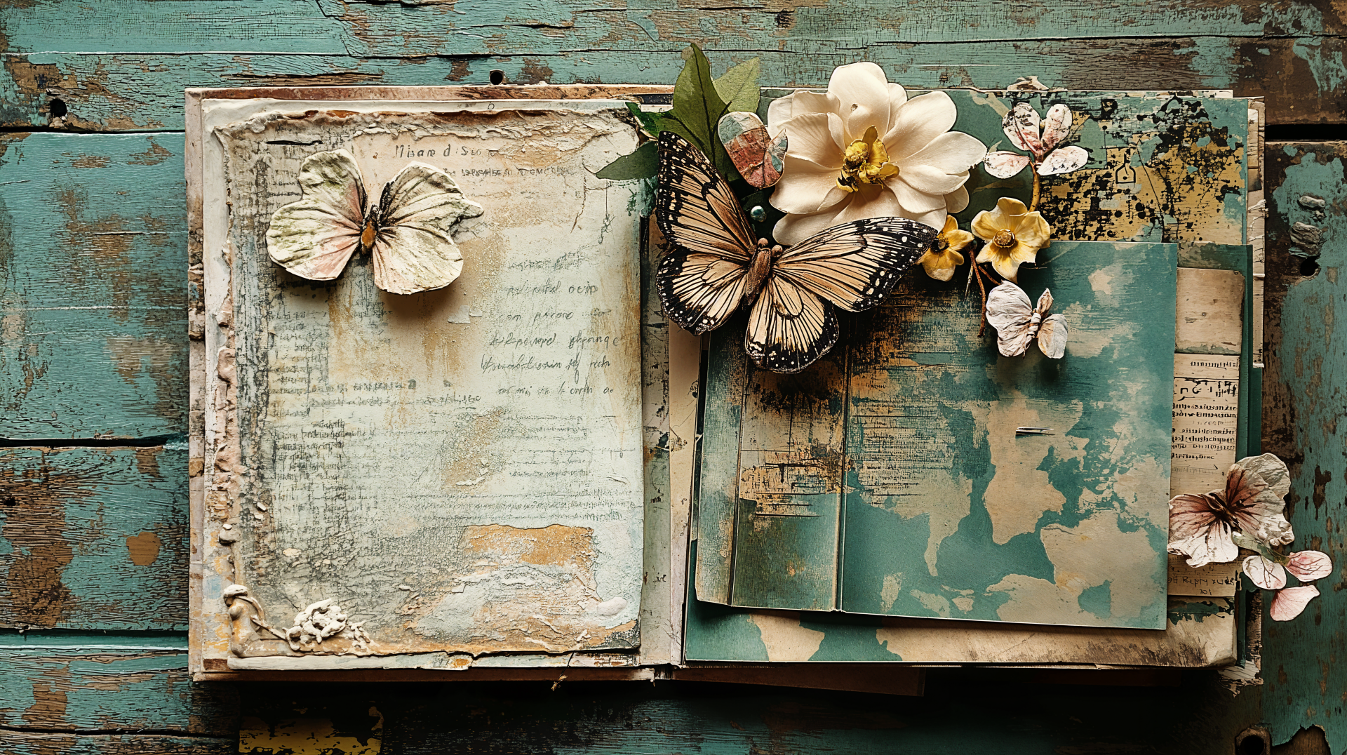 A beautifully arranged scrapbook featuring floral embellishments and decorative butterflies, set against a textured turquoise background. 4K Ultra HD desktop wallpaper.