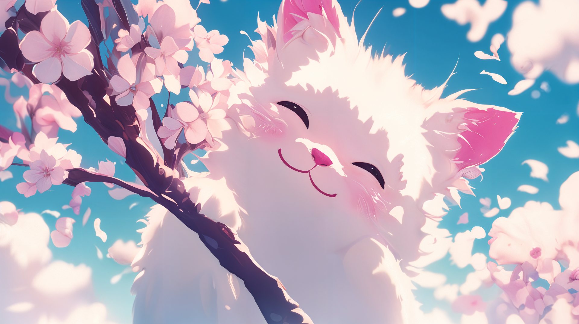 A cute, fluffy anime cat smiles among cherry blossoms against a bright sky, showcased in vibrant 4K Ultra HD as a charming desktop wallpaper.