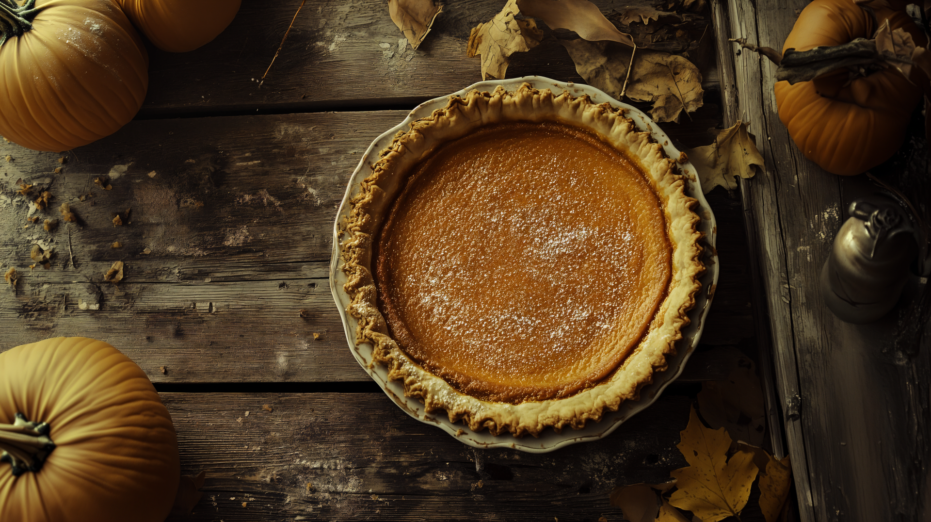 A beautifully baked pumpkin pie rests on a rustic wooden table, surrounded by autumn leaves and pumpkins, creating a warm, inviting scene in this 4K Ultra HD desktop wallpaper.