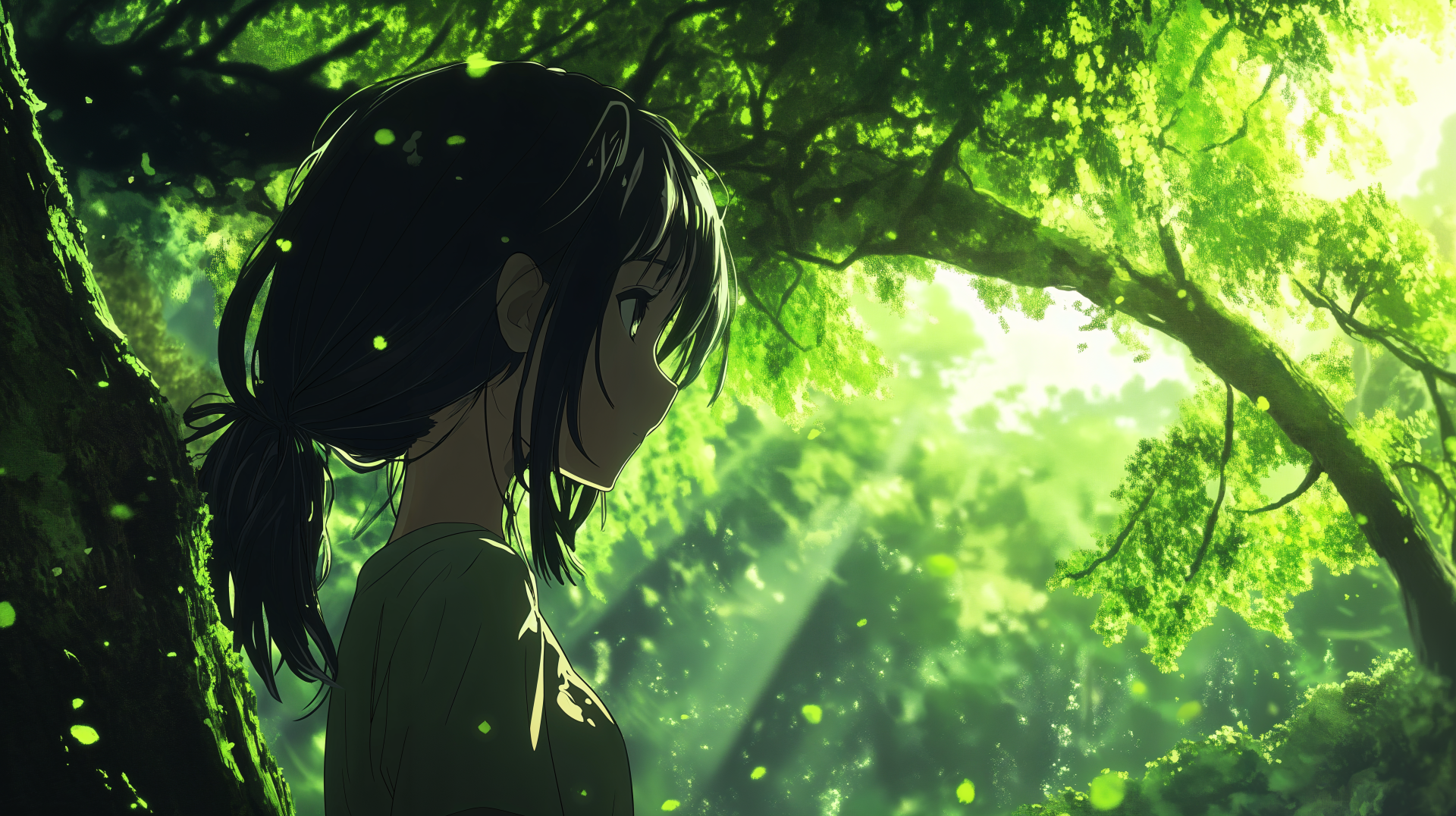 A serene anime girl stands amidst a lush green forest, illuminated by soft rays of light, creating a tranquil atmosphere. This 4K Ultra HD wallpaper captures a beautiful moment in nature.