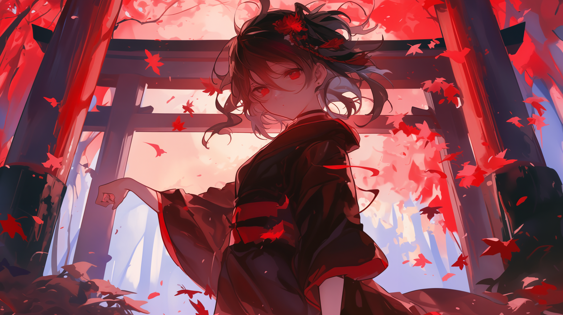 A vibrant anime girl stands surrounded by swirling red leaves, set against a backdrop of intricate architecture. This captivating image serves as a stunning 4K Ultra HD desktop wallpaper.