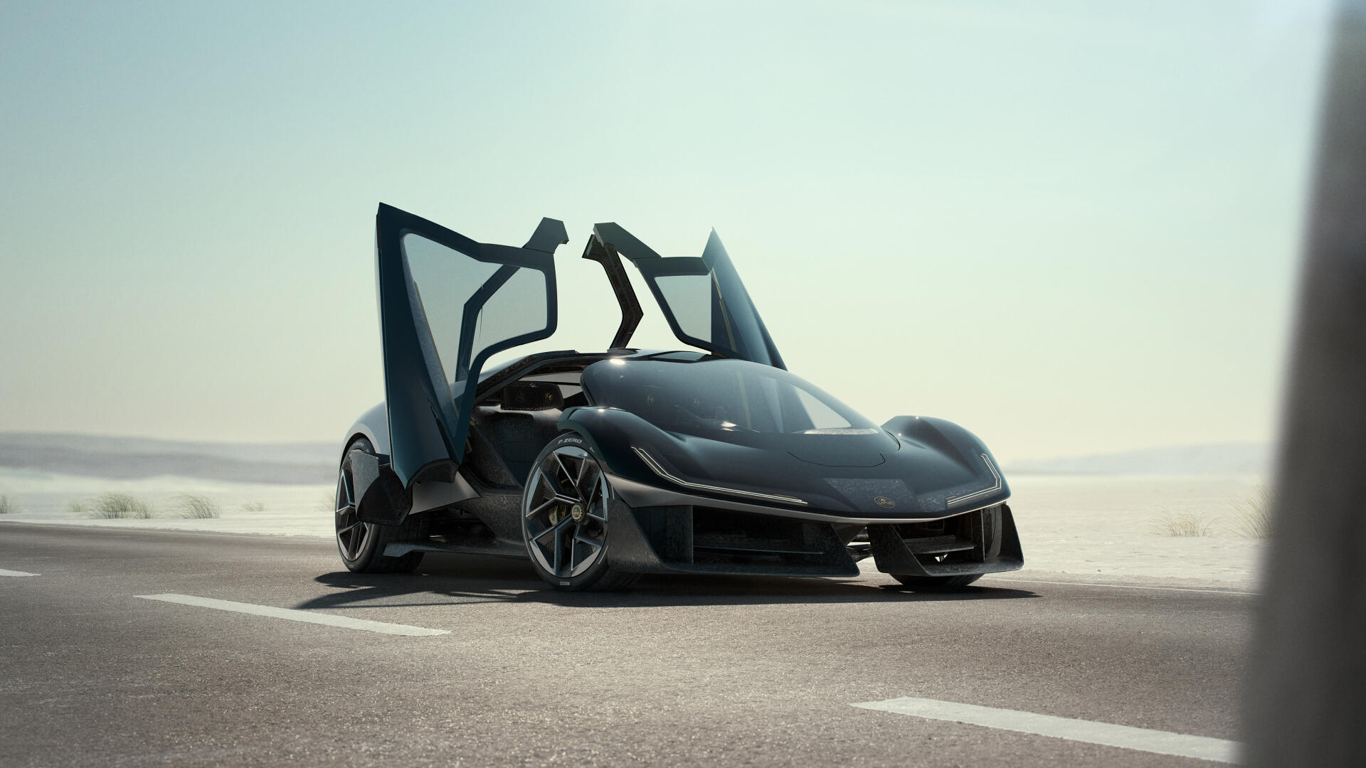 A sleek black Lotus Theory 1 car with gullwing doors open, parked on a sunlit road, showcased as a stunning 4K Ultra HD desktop wallpaper.