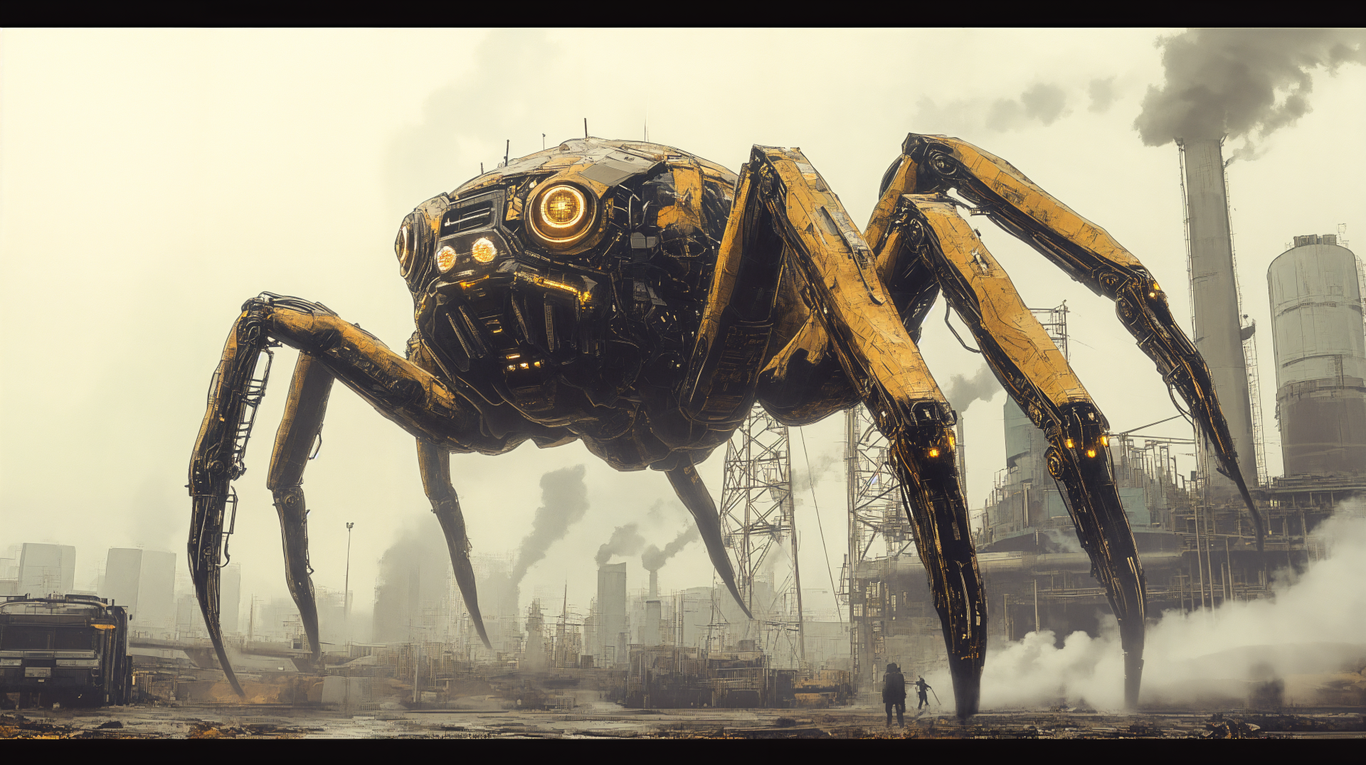 A giant robotic spider looms over a dystopian industrial landscape in this striking 4K Ultra HD sci-fi wallpaper, blending technology with a haunting atmosphere.
