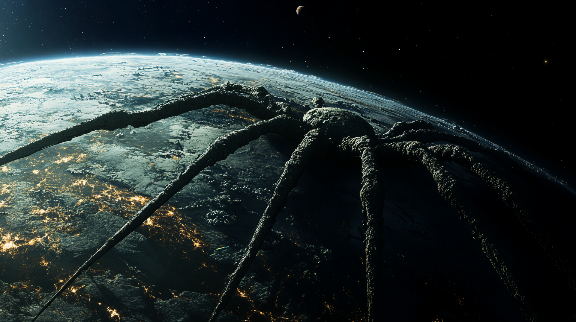 A giant alien spider looms over Earth, set against a backdrop of stars and planets, creating a stunning sci-fi scene in this 4K Ultra HD desktop wallpaper.