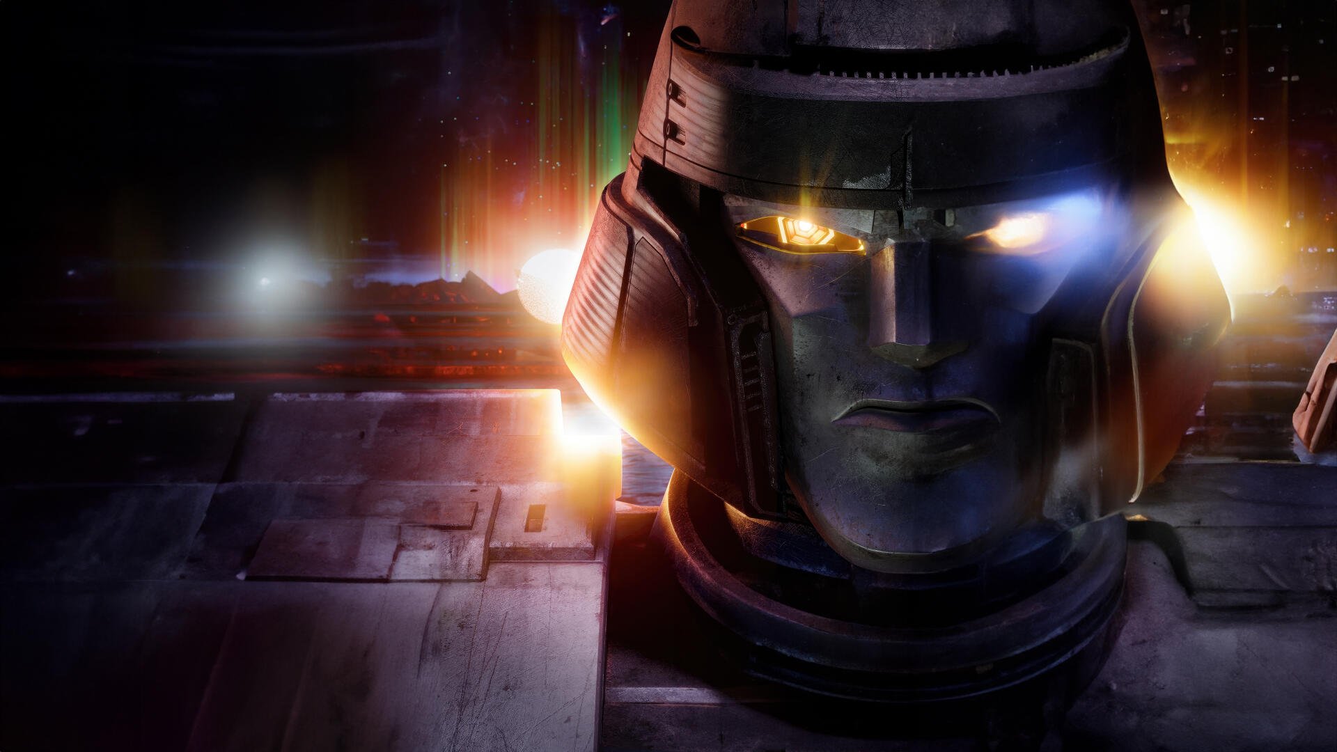 A dramatic image featuring a Transformers character's helmet, illuminated by vibrant lights, serving as a captivating 4K Ultra HD desktop wallpaper related to the movie Transformers One.