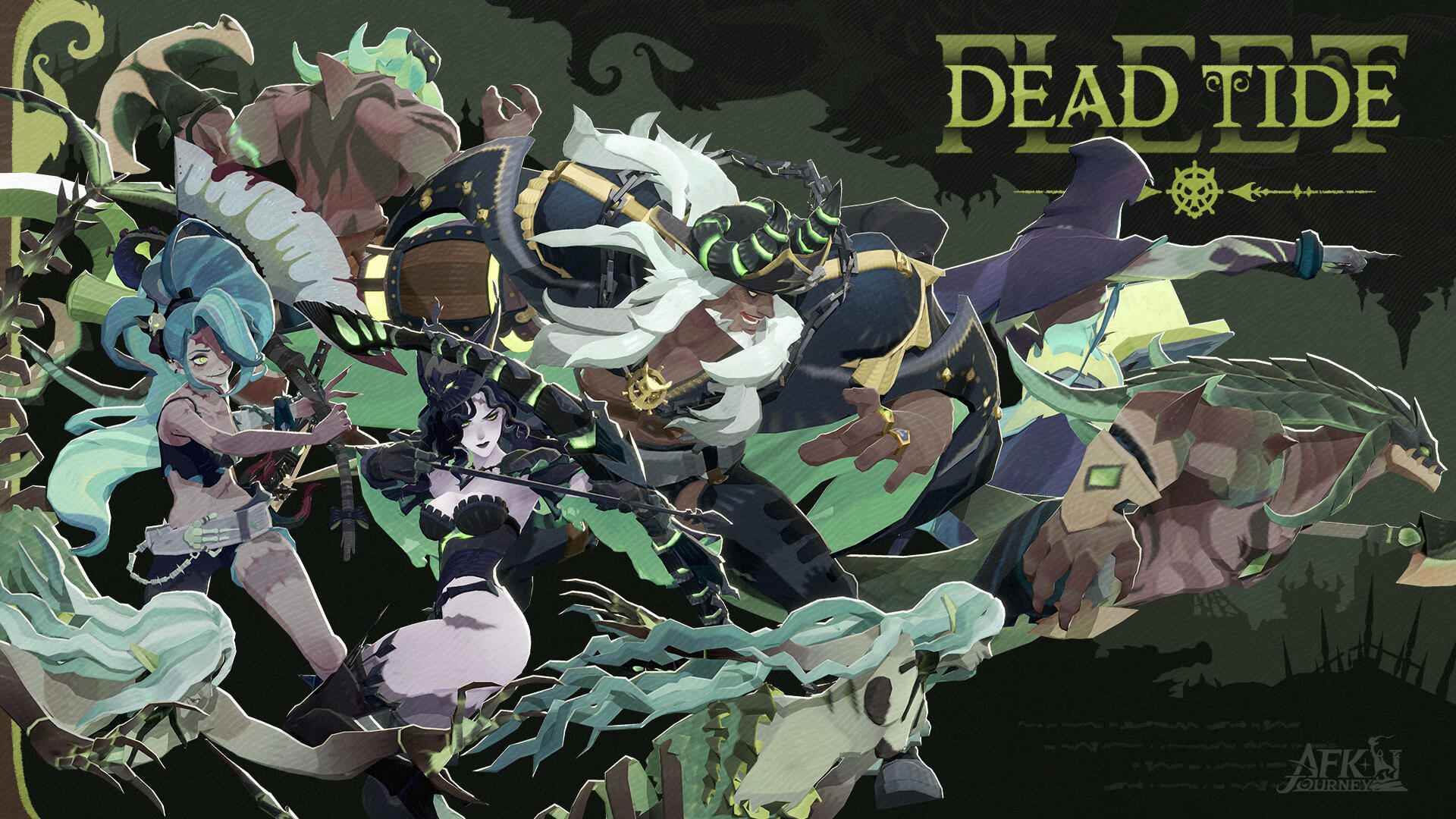 HD PC desktop wallpaper featuring dynamic characters from the video game AFK Journey, showcasing an action-packed scene from Dead Tide.