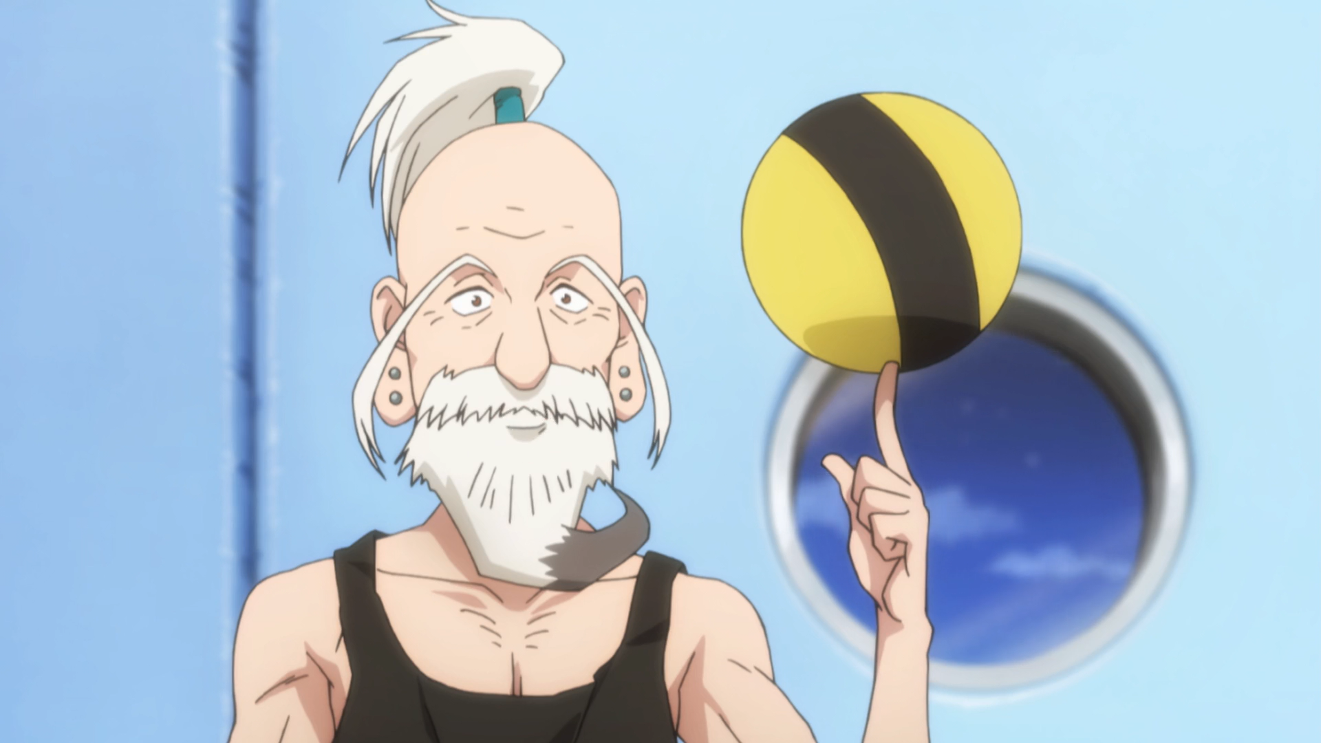 HD PC desktop wallpaper featuring Isaac Netero from Hunter x Hunter spinning a yellow and black ball on his finger with a blue sky visible through a round window.