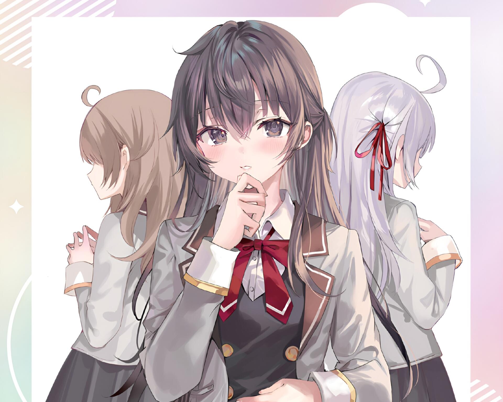 HD PC desktop wallpaper showing Yuki Suou front and two classmates back-to-back, anime illustration from Alya Sometimes Hides Her Feelings in Russian