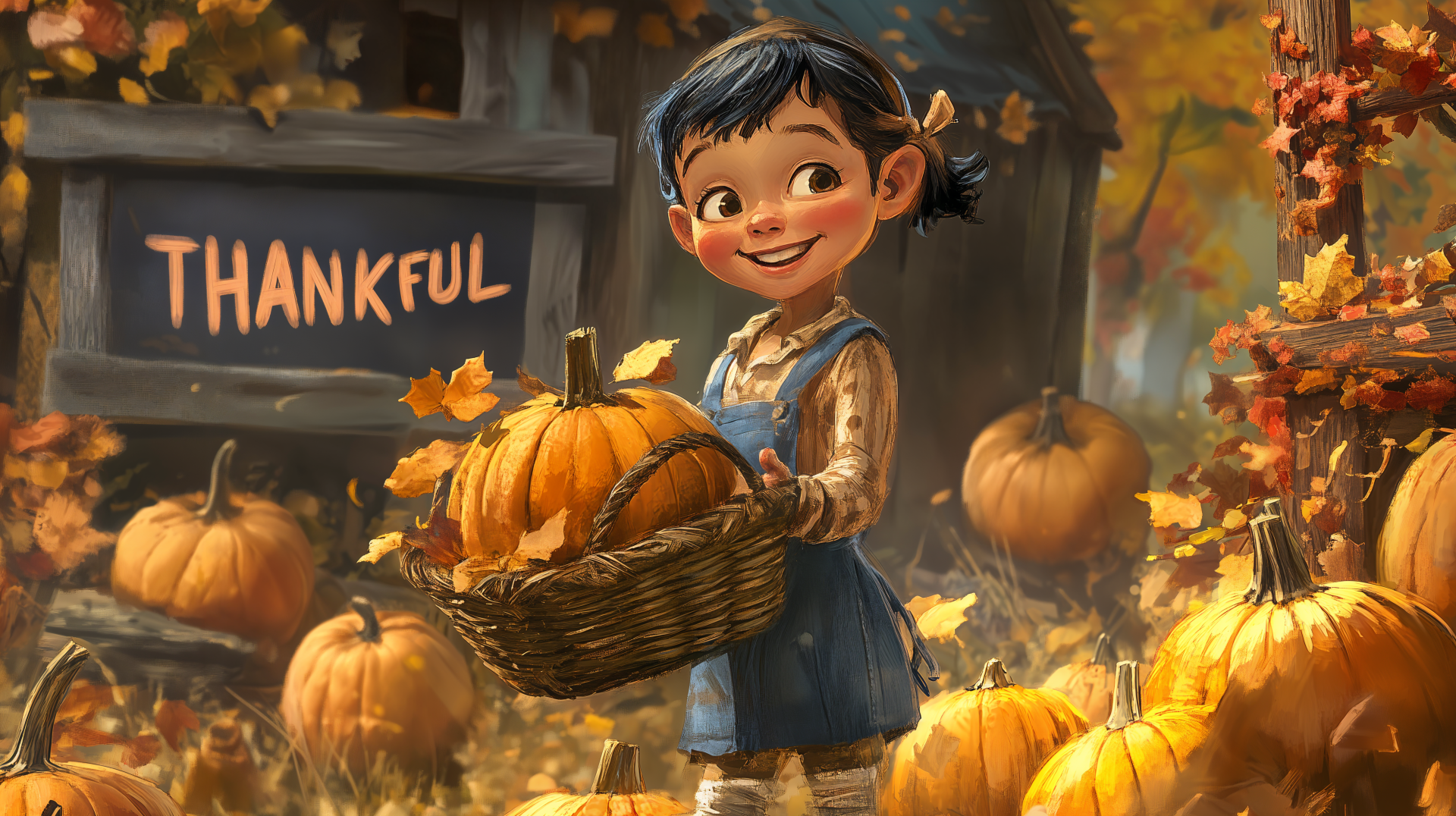 A cheerful girl in a blue dress carries a basket of pumpkins amidst autumn leaves, with a THANKFUL sign in the background. Vibrant colors create a warm, inviting atmosphere.