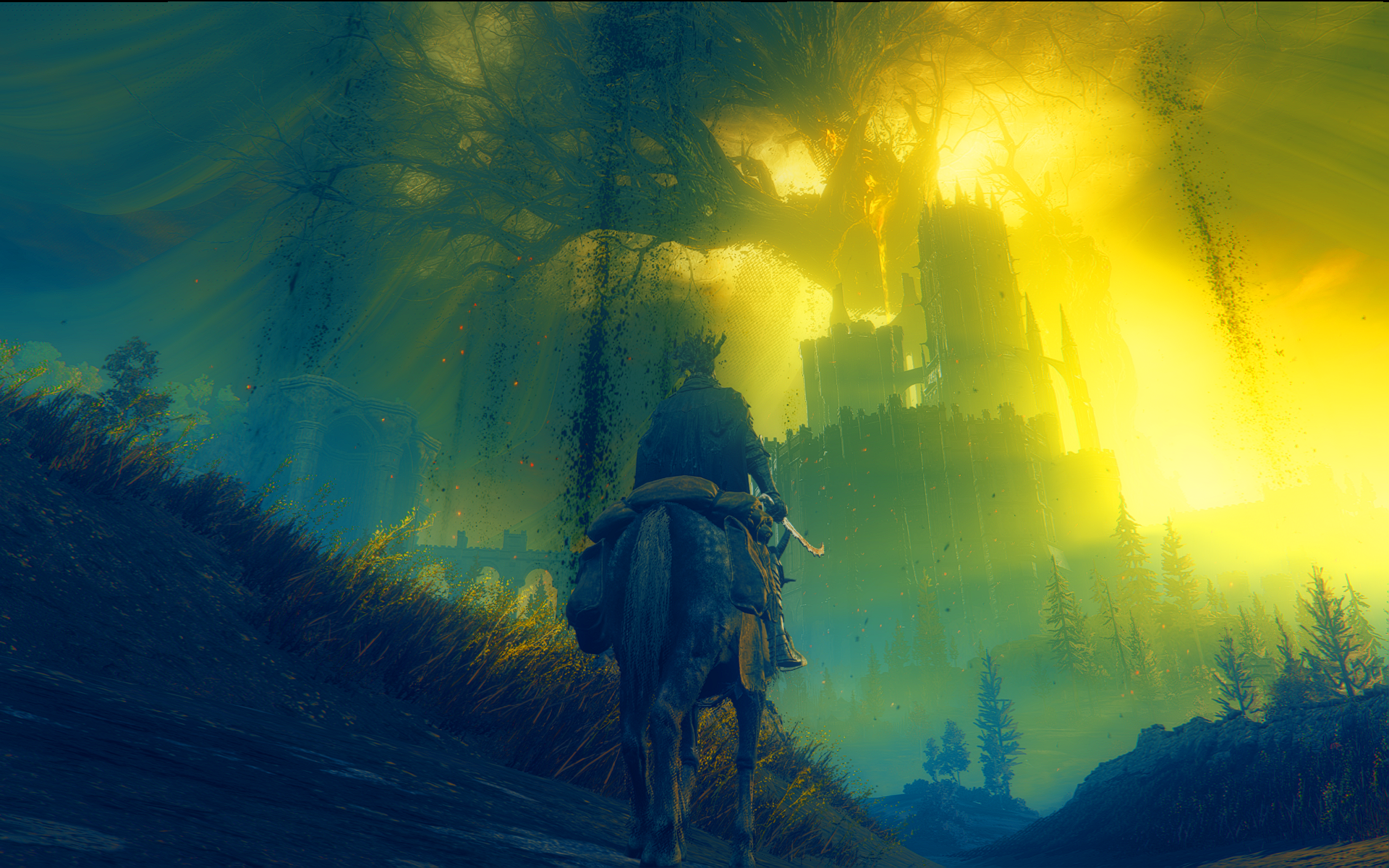 A stunning HD wallpaper featuring a character riding a horse toward a vibrant, otherworldly landscape inspired by Elden Ring: Shadow of the Erdtree.