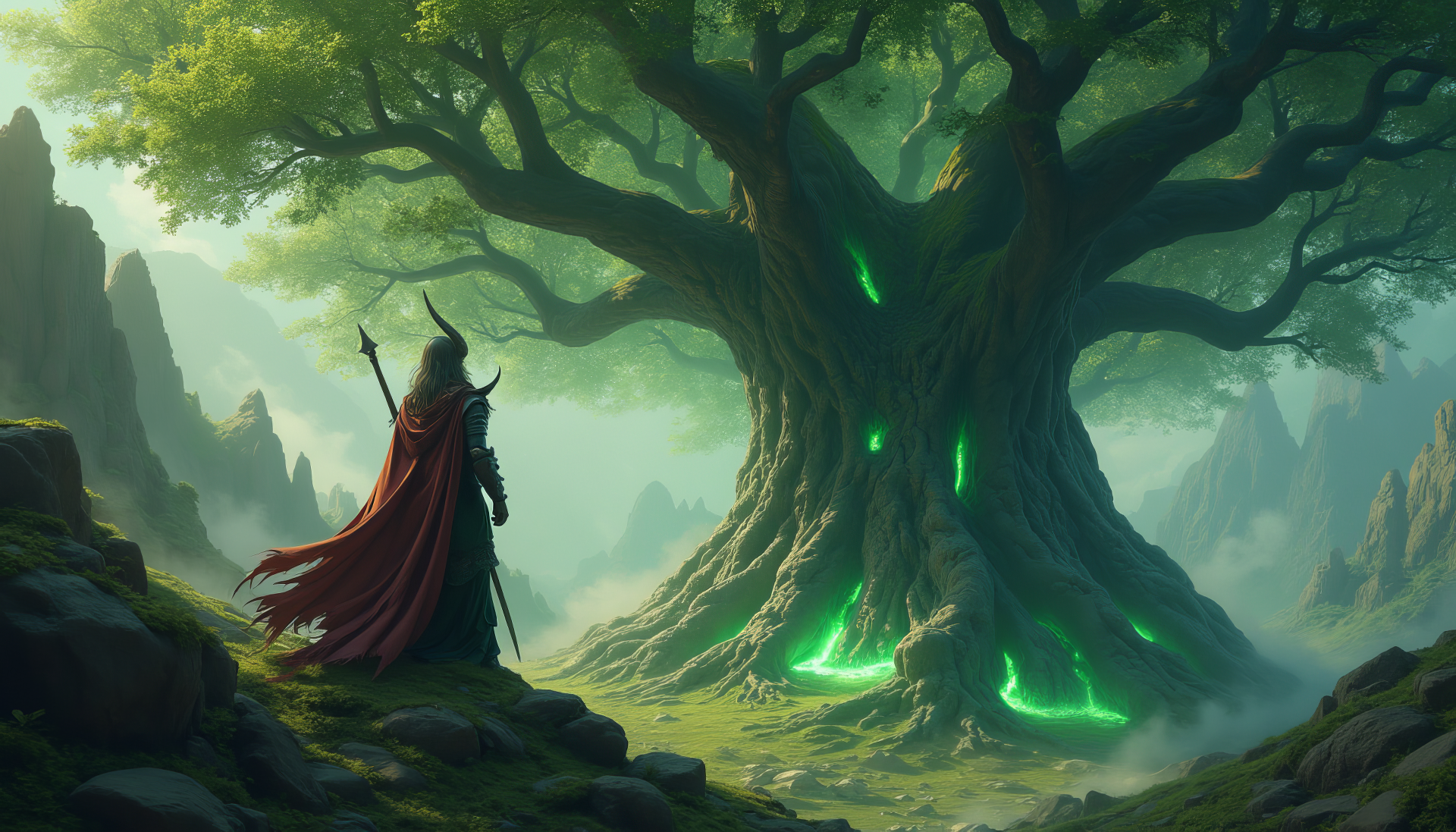 A fantasy warrior stands before Yggdrasil, the colossal tree, surrounded by a mystical landscape. Vivid greens and atmospheric lighting create an enchanting HD desktop wallpaper.