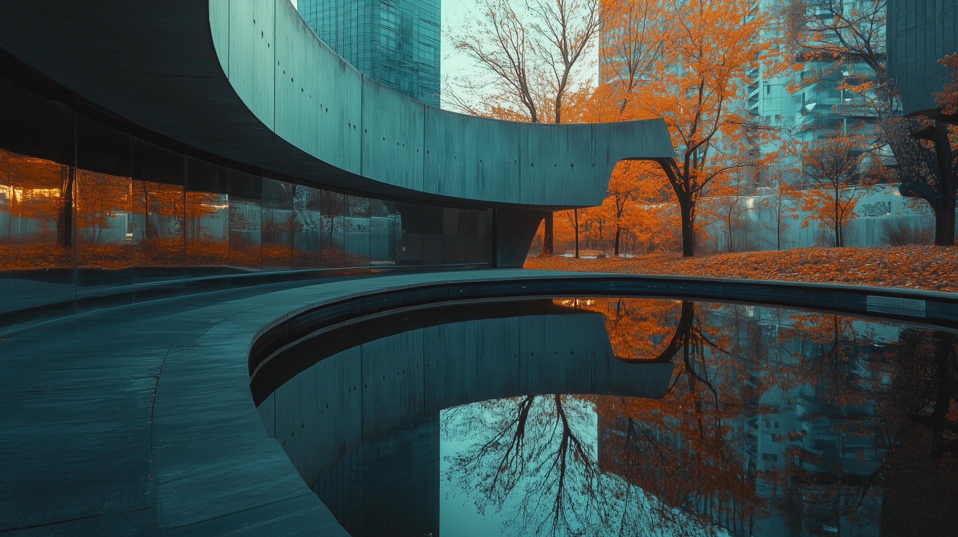 HD desktop wallpaper showing autumn trees and modern architecture reflected in the curved water feature of a city park.