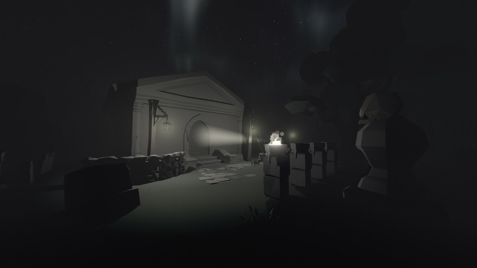 A dark, atmospheric scene from the video game Moving Houses, showcasing a graveyard with a flashlight illuminating a mysterious structure, suitable as an HD PC desktop wallpaper.