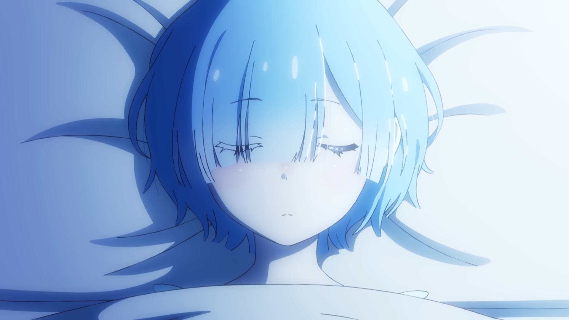 HD PC desktop wallpaper featuring Rem from the anime Re:Zero - Starting Life in Another World, depicted with closed eyes and blue hair against a soft background.