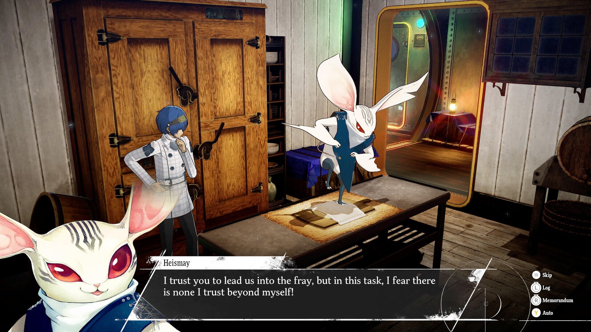 A scene from the video game Metaphor: ReFantazio, featuring a cat-like character and a rabbit figure in a cozy room, with dialogue about trust and leadership on display. HD PC desktop wallpaper.