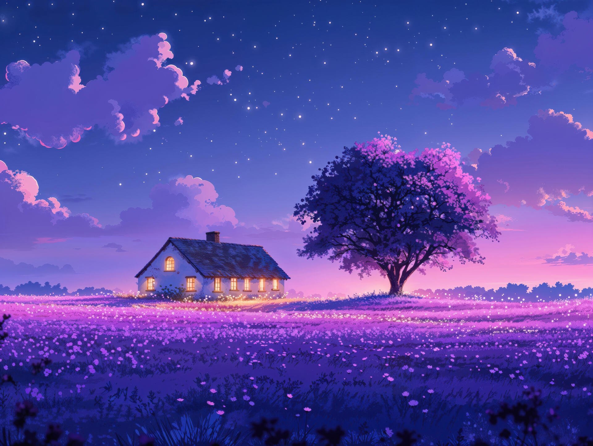 A tranquil anime landscape features a cozy house nestled in a vibrant purple field, with a majestic tree under a starry sky, creating a serene 4K Ultra HD wallpaper.
