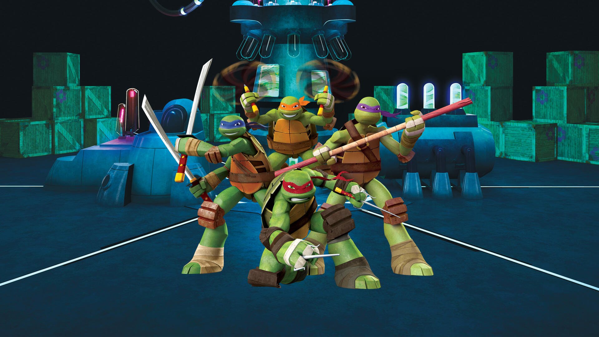 Teenage Mutant Ninja Turtles strike battle poses with swords, staffs and nunchucks inside a neon-tech lair — HD PC Desktop Wallpaper and Background.