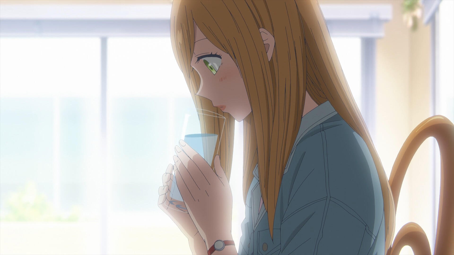 A character from *My Love Story With Yamada-kun at Lv999* stares thoughtfully at a blue drink, capturing a moment of reflection in this HD anime wallpaper.