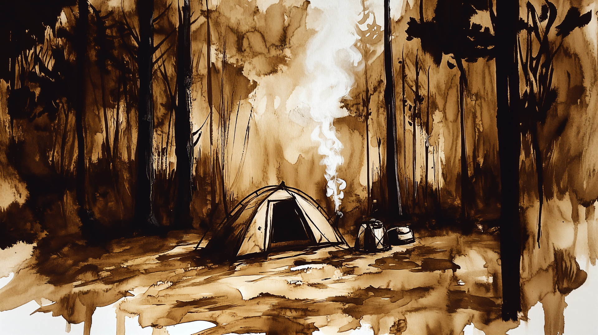 A serene camping scene depicting a tent surrounded by tall trees, with smoke rising from a nearby fire, capturing the essence of a peaceful outdoor adventure. 4K Ultra HD wallpaper.