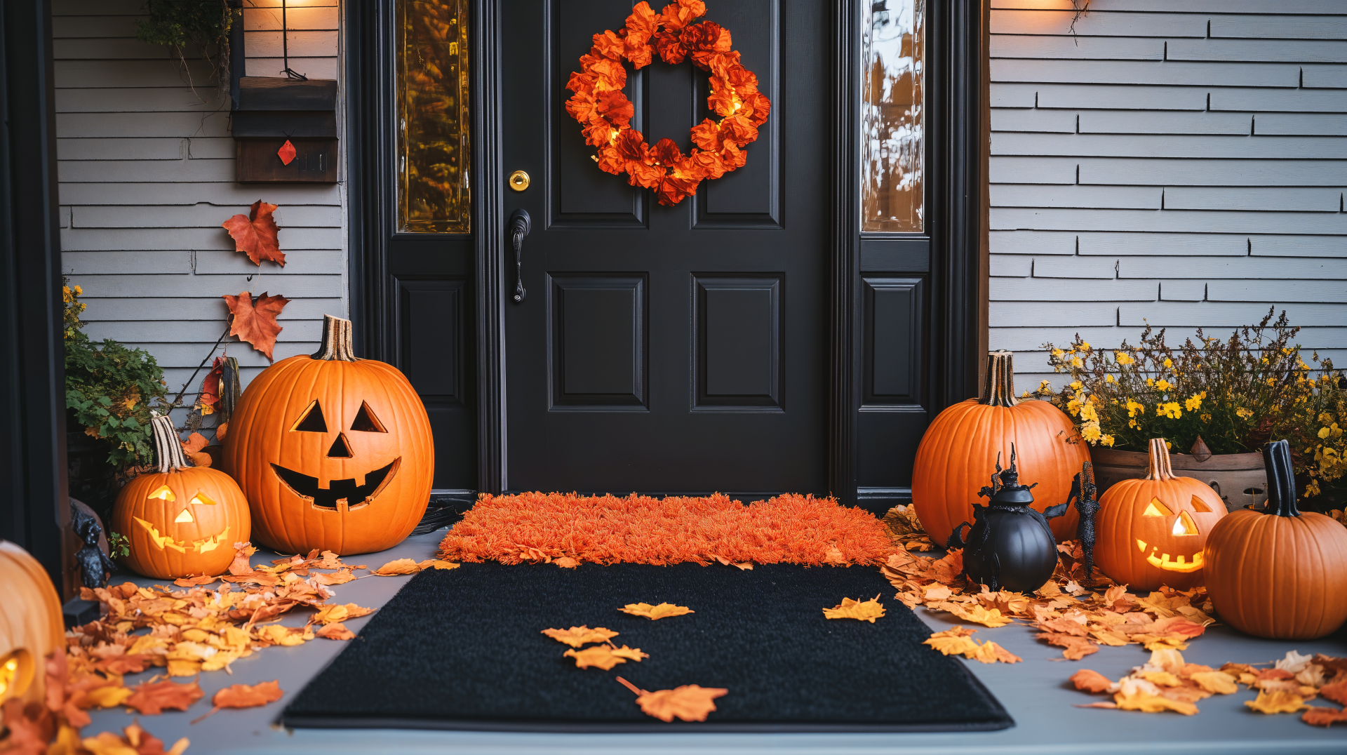 A fall-themed porch decorated with carved pumpkins, autumn leaves, and an orange wreath on a black door, captured in 4K Ultra HD as a Halloween desktop wallpaper.
