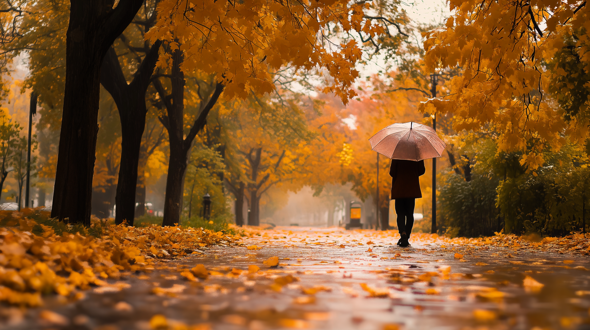 A serene fall scene with vibrant orange and yellow foliage. A person walks down a rain-soaked path, holding a pink umbrella, capturing the essence of autumn in this 4K Ultra HD wallpaper.