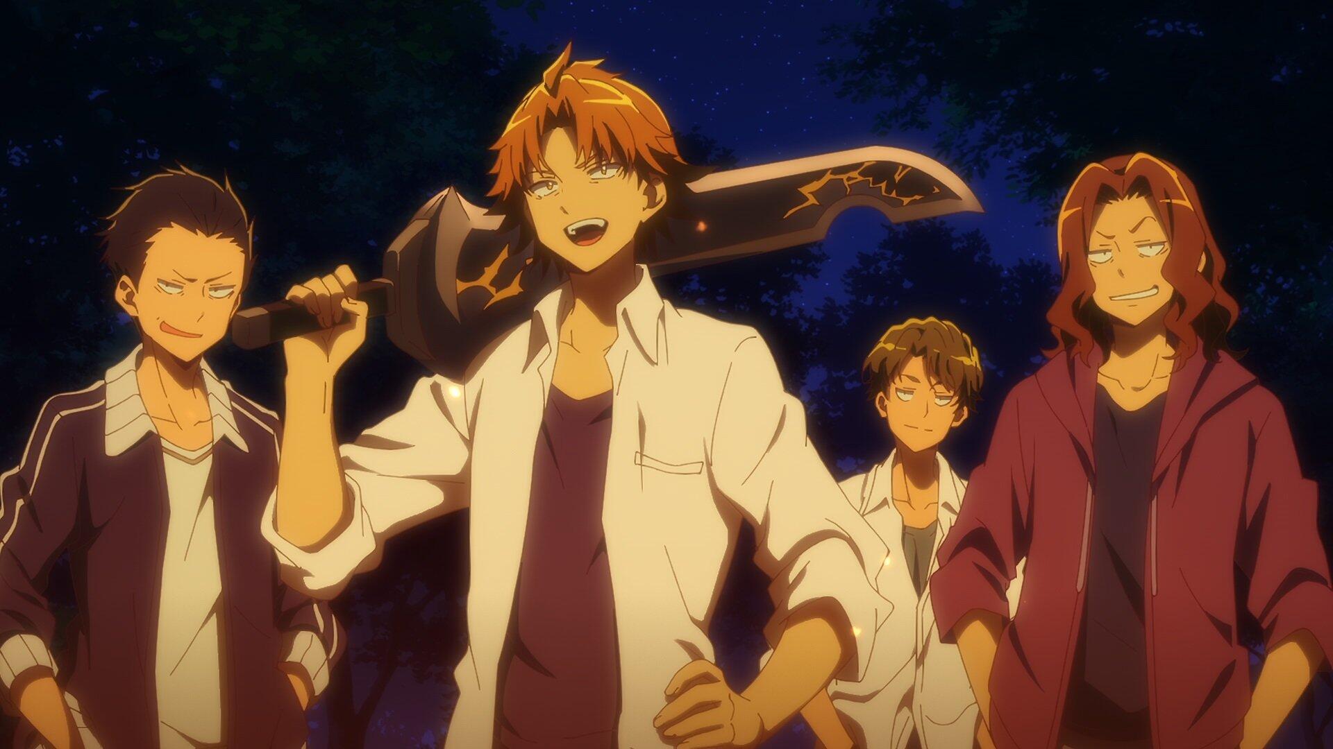 Anime scene from Loner Life in Another World featuring four characters outdoors at night, designed as an HD PC desktop wallpaper and background.