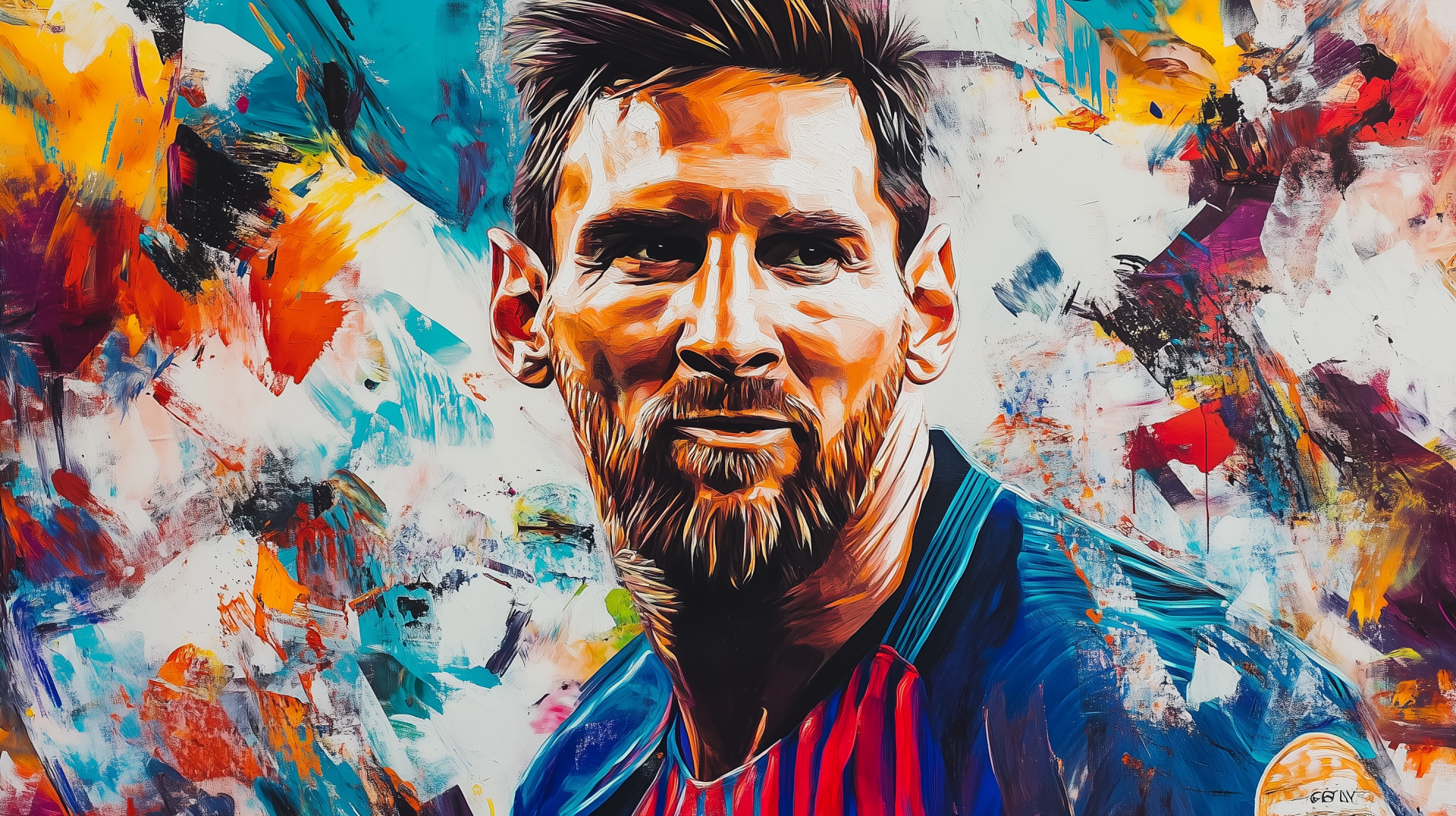 A vibrant HD wallpaper featuring Lionel Messi, showcasing his intense expression against a colorful, abstract background, capturing the spirit of soccer.
