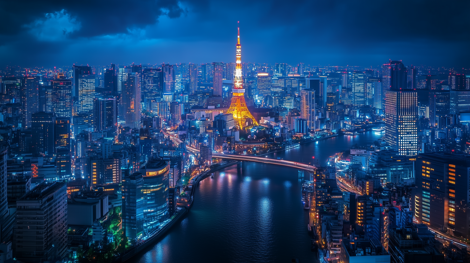 A stunning Tokyo cityscape at night showcasing illuminated skyscrapers, the iconic Tokyo Tower, and a shimmering river, capturing the vibrant energy of Japan's capital.