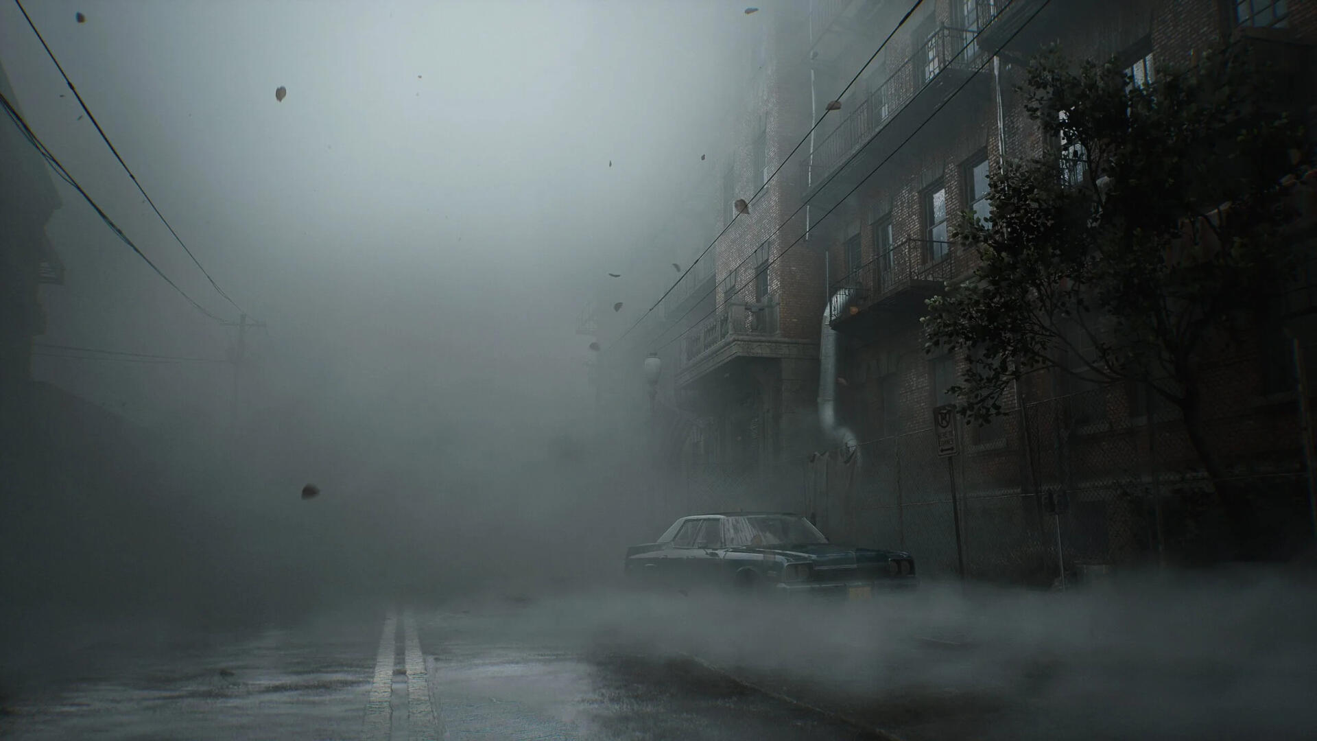 A moody HD wallpaper inspired by Silent Hill 2, featuring a fog-covered street scene with a car, evoking the game's eerie atmosphere and haunting environment.