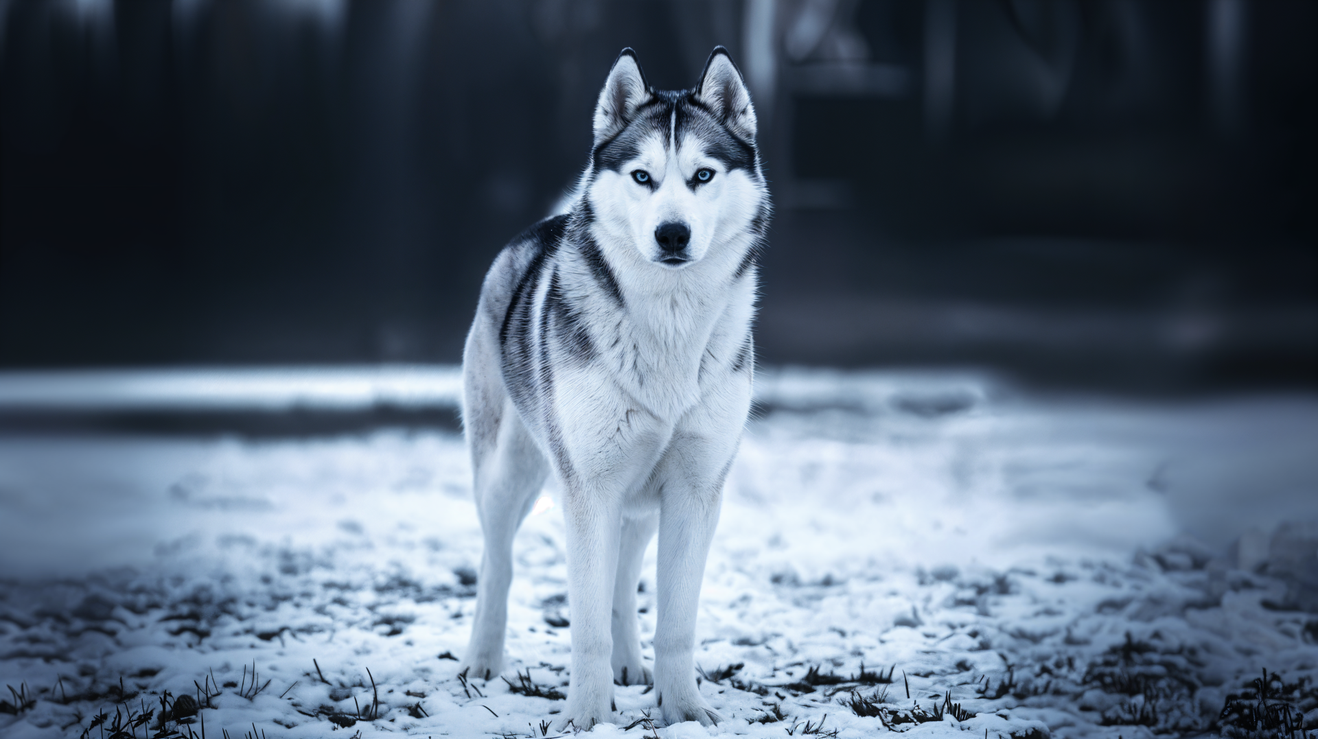 A stunning Siberian Husky stands gracefully on a frosty landscape, captured in vibrant detail as a 4K Ultra HD desktop wallpaper background.