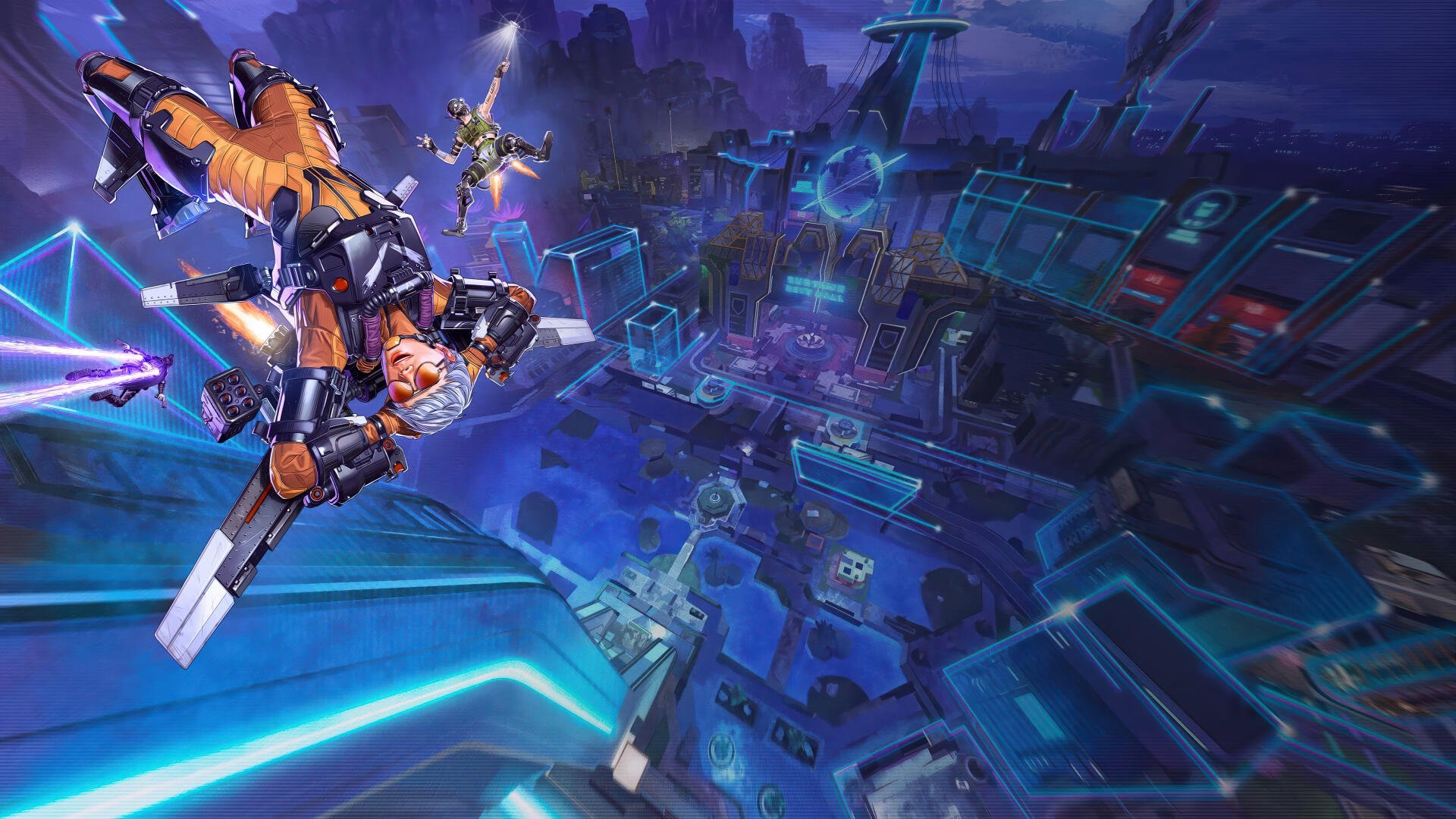 A dynamic scene from Apex Legends featuring Valkyrie and Octane soaring through a vibrant, futuristic landscape, captured in stunning 4K Ultra HD detail.